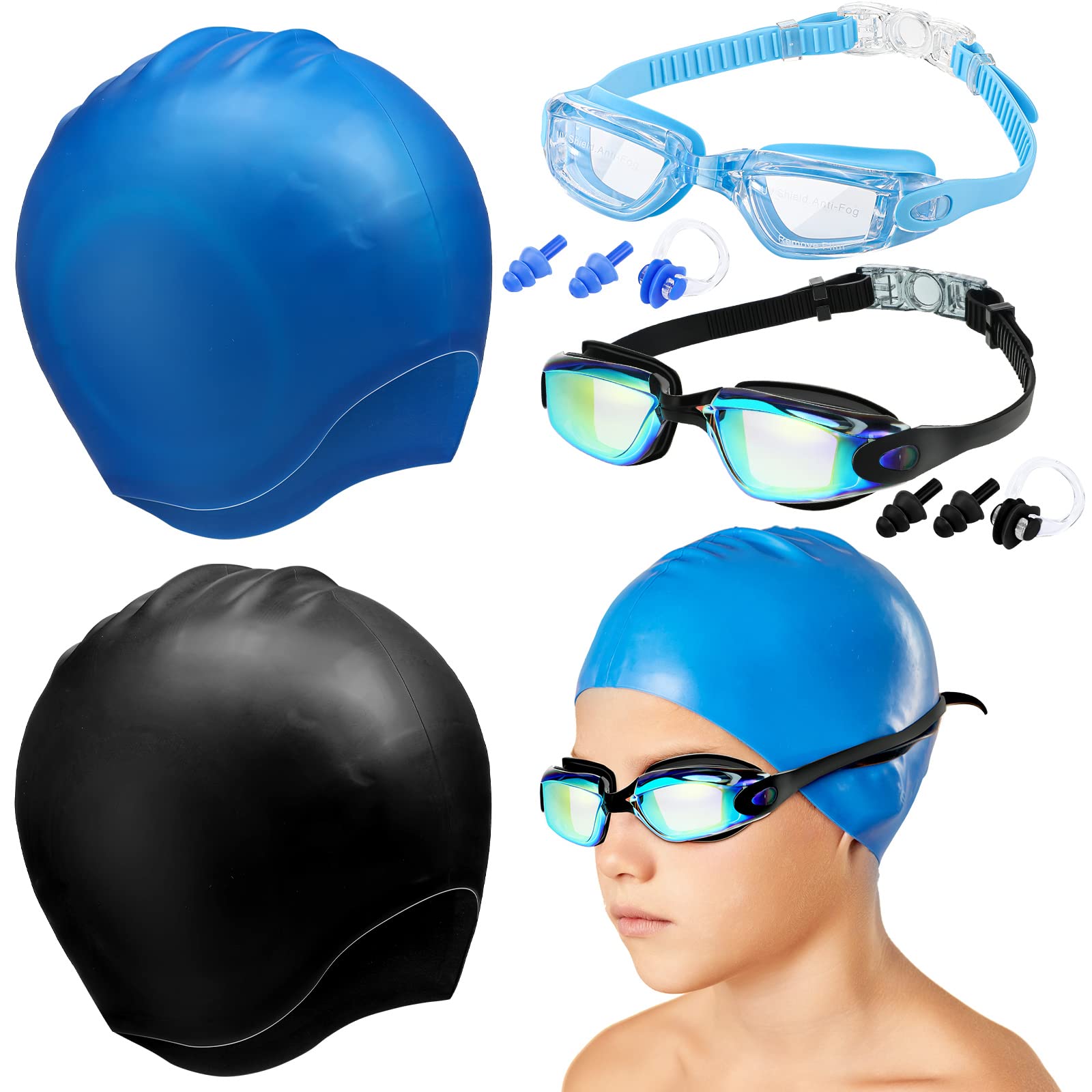 4 Pack Swim Caps for Kids Swimming Cap and Goggles for Boys Girls Silicone Swim Bath Hats with Ear Plugs Nose Clip for Short Long Hair Age 8-15 Youth(