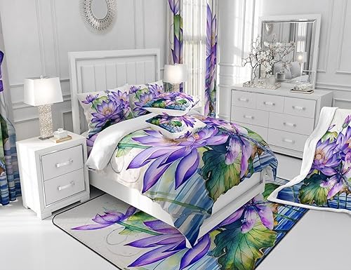 Miniatura 6 de Manfei Sábana bajera ajustable de flor de loto morado, tamaño individual, juego de ropa de cama bohemio de libélula de 2 piezas para niños, niñas y