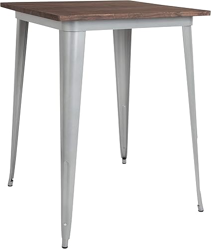 BizChair Mesa de altura de barra cuadrada de metal plateado y madera de 31.5 pulgadas