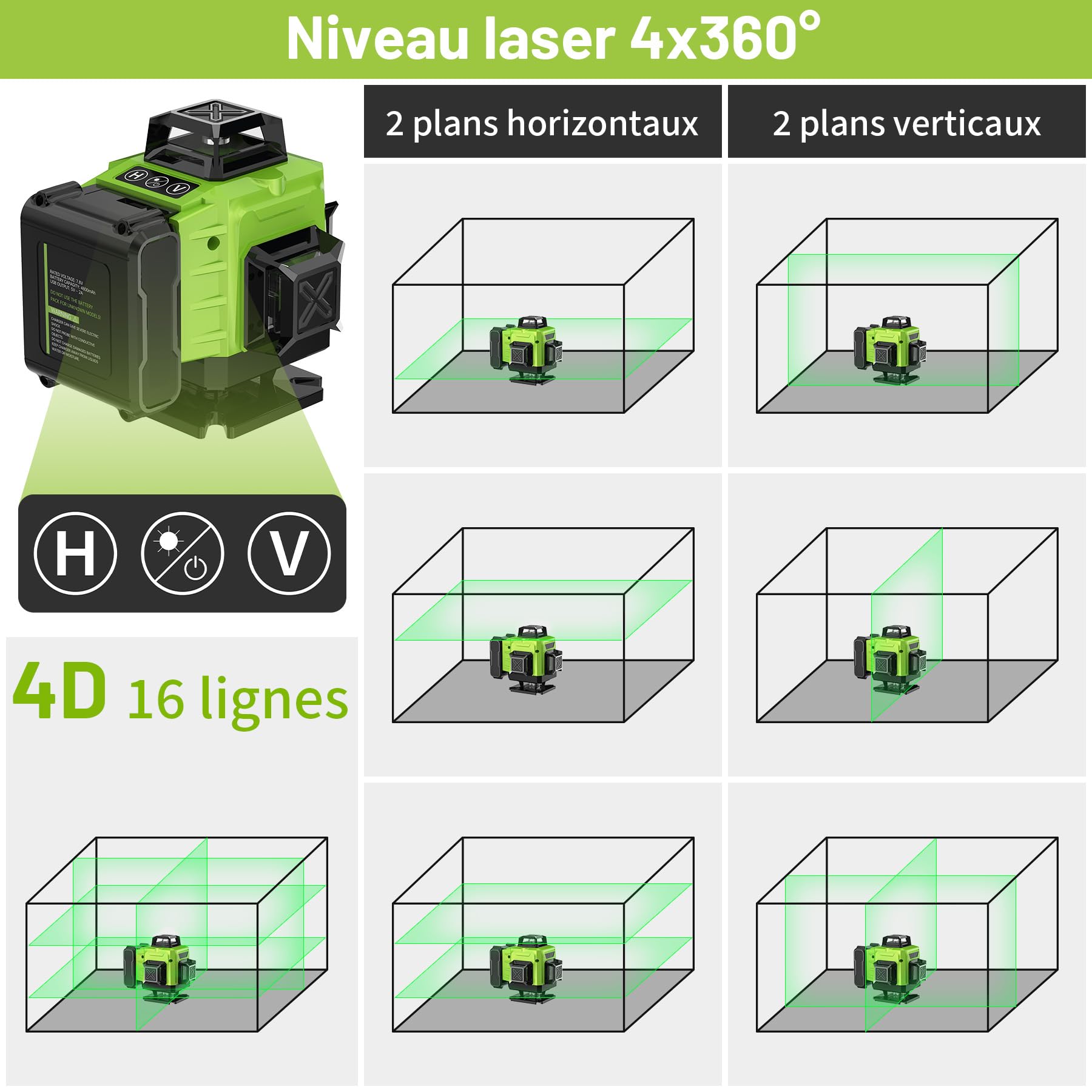 Niveau Laser Chantier Autonivelant 4 x 360°, 4D 16 Lazer Niveaux avec Trepied, Batterie Rechargeable, avec Support Mural, pour Décoration Intérieure, IP54 Étanche et Anti-Poussière