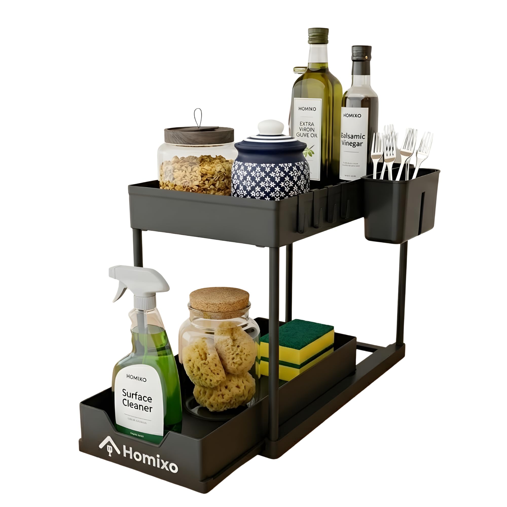 DURA ULTRA Under Sink Organizer - 2-Tier Sliding Pull Out Cabinet Drawer with Hooks & Cup - Heavy Duty Rust-Resistant Storage for Kitchen, Bathroom & Laundry - Matte Black-image-25