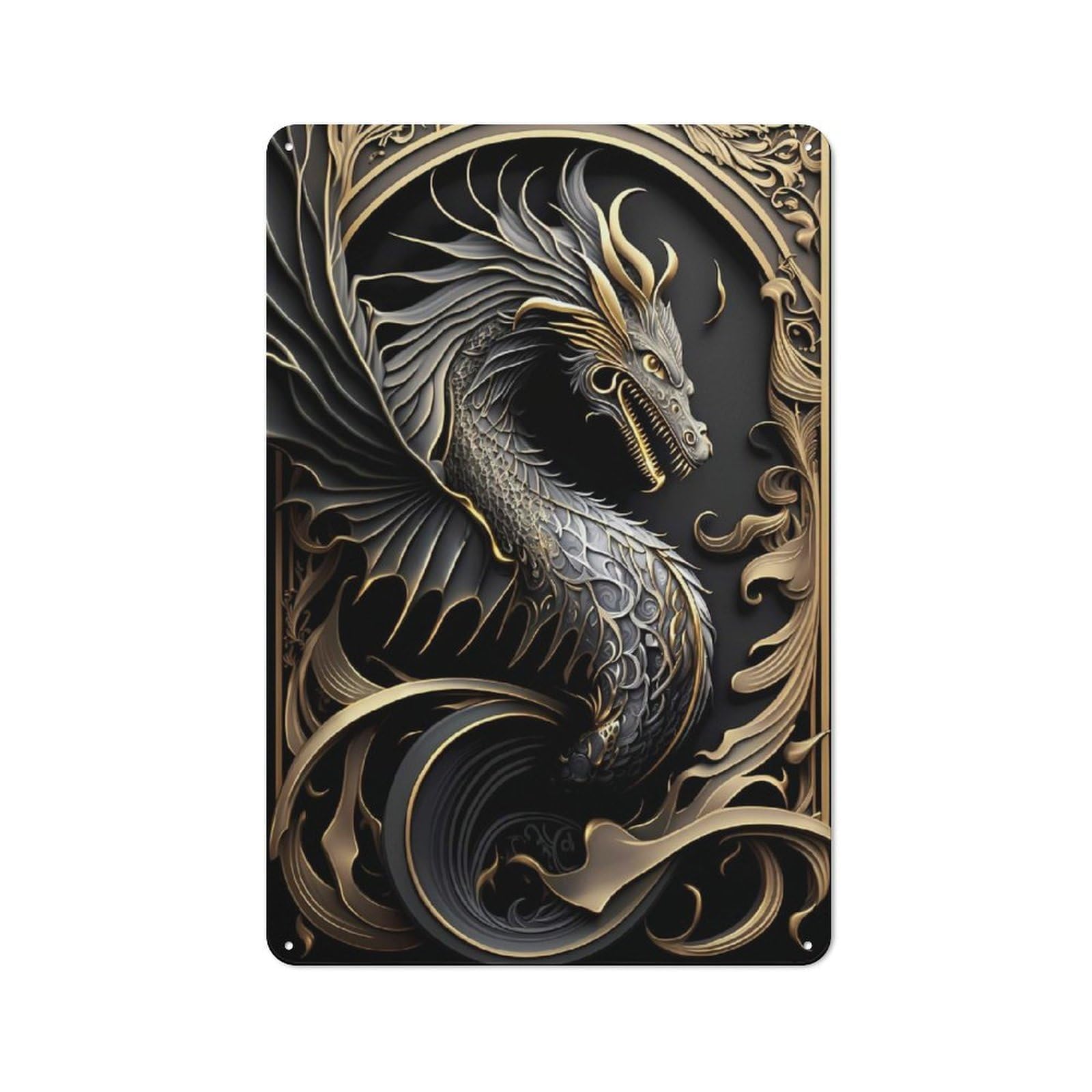 Junmoney Style-17 Rustic Tin Sign With Golden Dragon Wings Design 30X20cm, Casual Garden Room Wall Plaque For Shed, Garden Room, Porch Or Garage