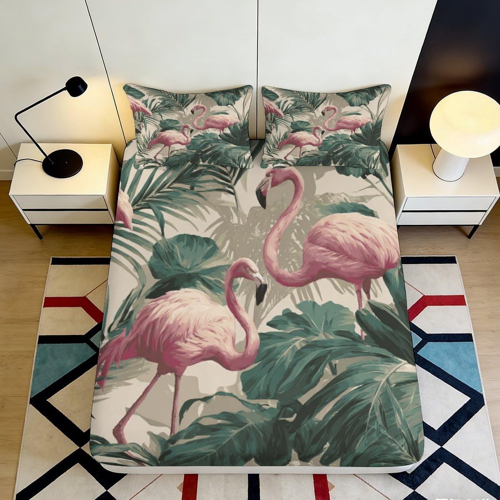 3D Printed Flamingo Tropical Leaves Fitted Sheet Microfiber Soft Breathable Exotic Birds Bed Cover for Bedroom Dormitory Guest Room Mattress Protection 160x200x25cm