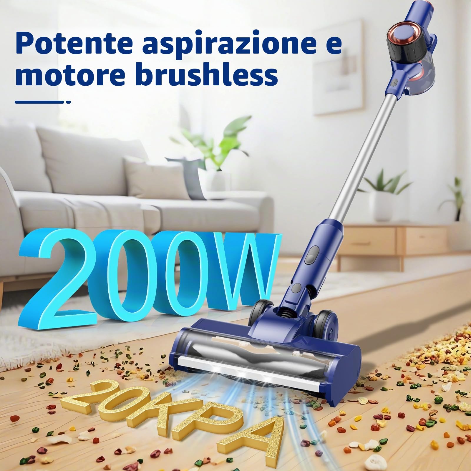 Aspirapolvere Senza Fili, 20Kpa/200W/50Min, Rivestimento Del Filtro Lavabile da 1,2 Litri, Display A Led Animato e Spazzola Antigroviglio Migliorata, Ricaricabile/da Parete per Tappeti/polvere Fine