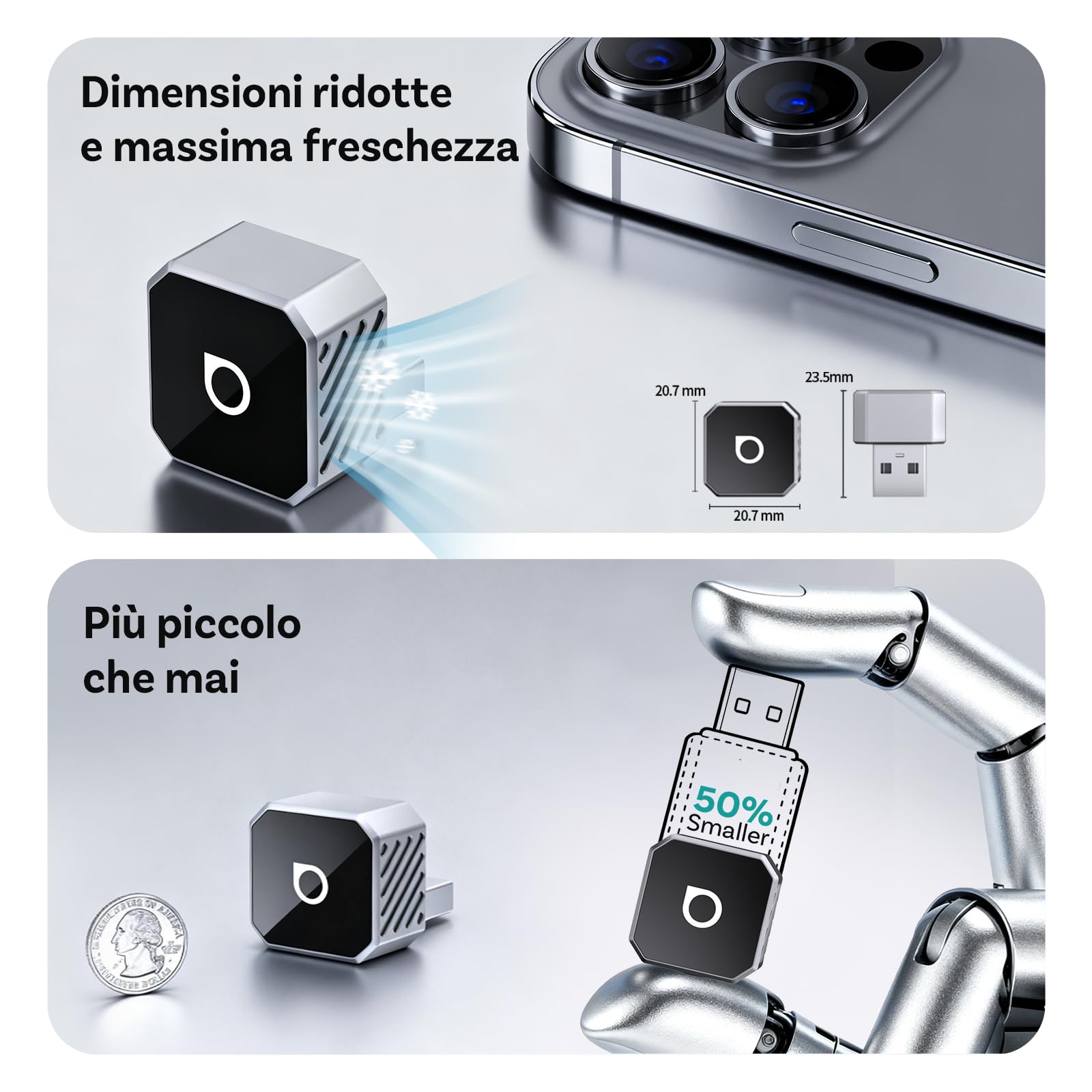 OTTOCAST Mini Pot 2025, Adattatore Wireless 2 in 1 per CarPlay e Android Auto, Compatibile con iOS 10+/Android 11+ e Auto dal 2016 in Poi, Plug & Play, USB-A/Type-C, Aggiornamento OTA, Argento