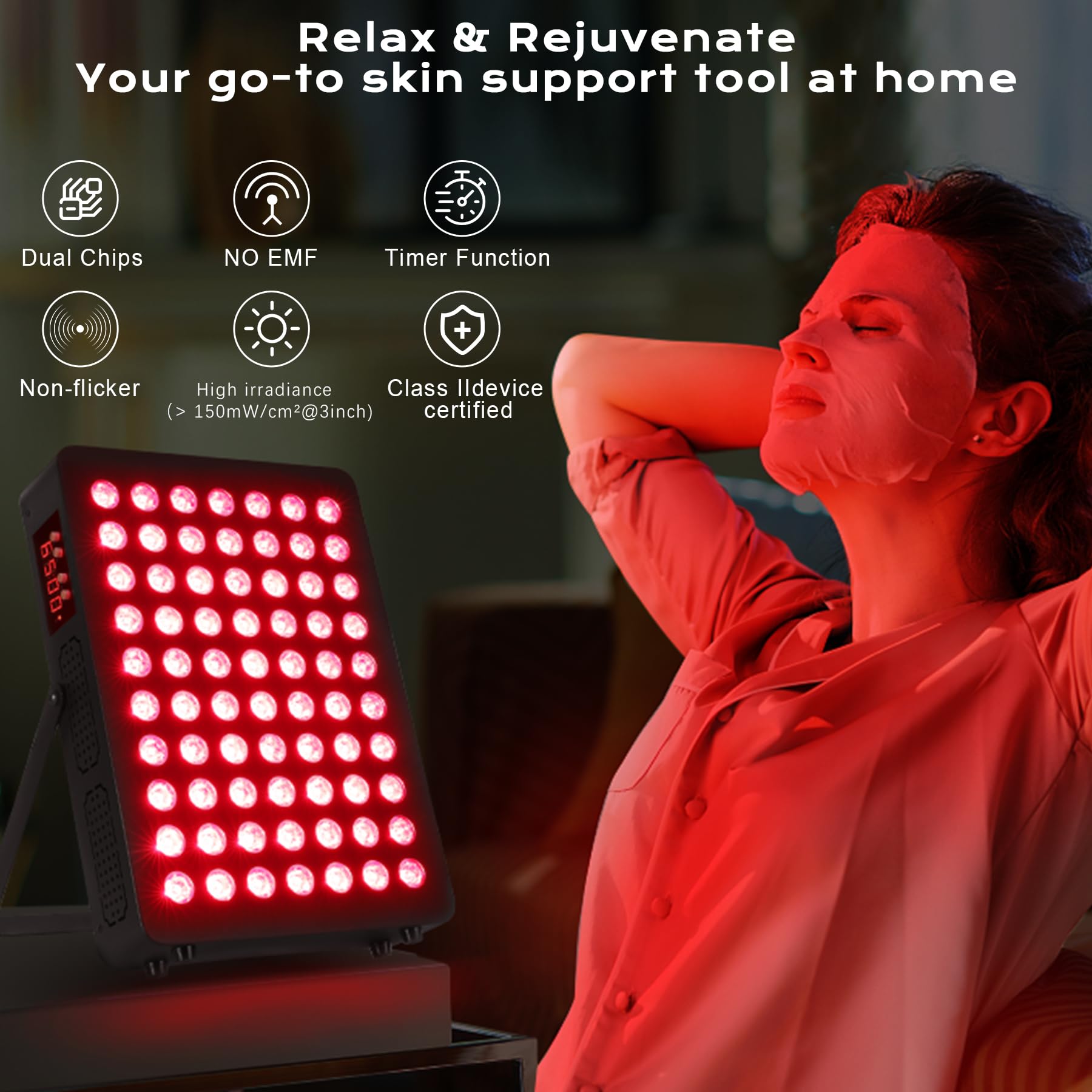 Luz Roja, Lámpara Infrarroja 660nm & 850nm, Lampara Luz Roja 120W Doble Chip 70 LEDs, con Temporizador y Soporte Ajustable, Red Light Therapy para Cara Y Cuerpo