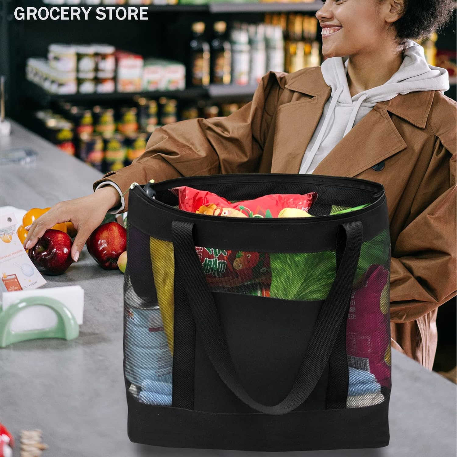 2Pack Lightweight Mesh Tote Bag,Sandproof Beach Bags with Zipper &Double Pocket For Groceries,Poolside,Travel,Towels - Image 3