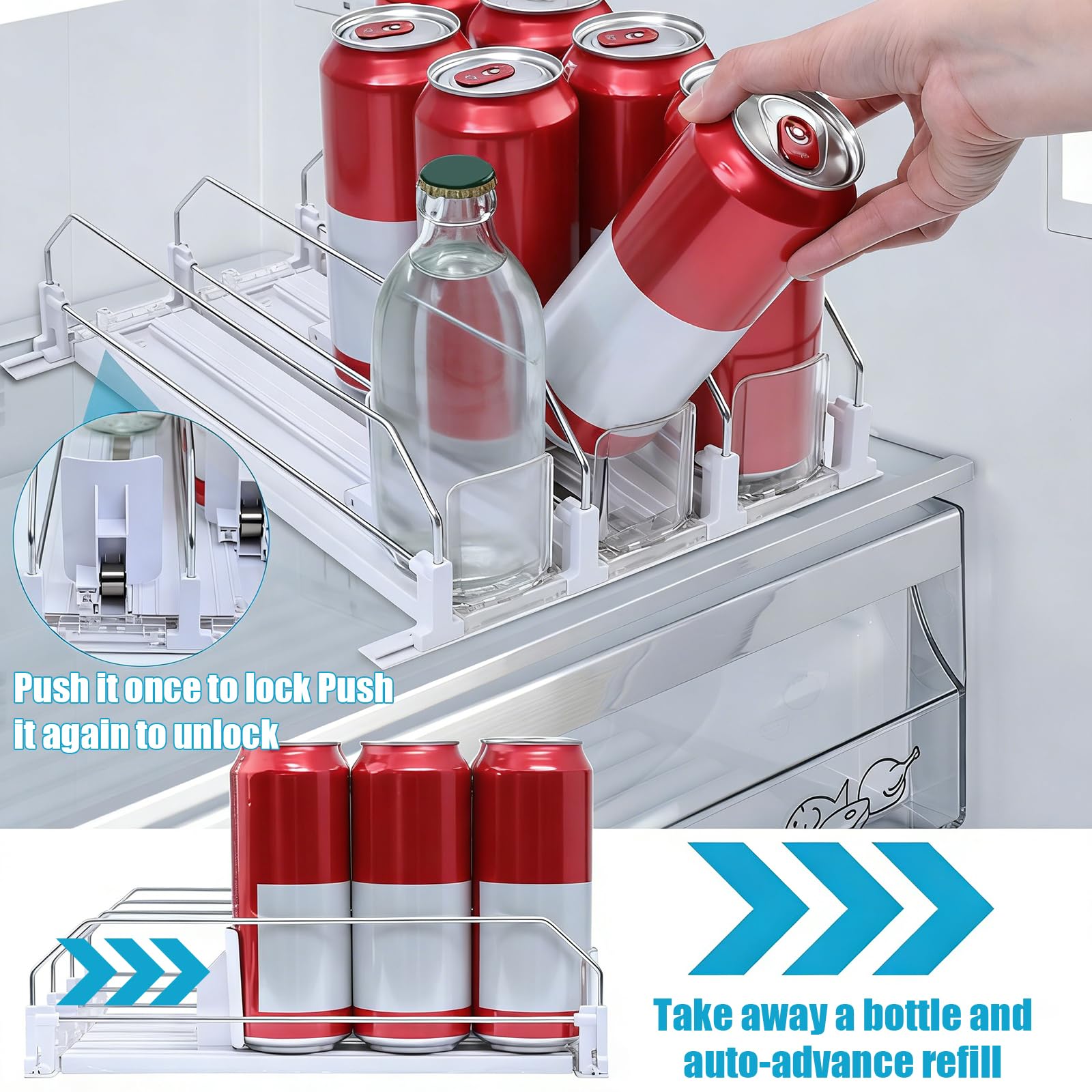 Dreireihiger Kühlschrank Organizer, Selbstschiebender Getränkespender, Dosen Organizer für 12 Getränke, Aufbewahrung und Organisation für Kühlschrank Supermarkt 31×25×8cm