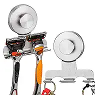 No-Drill Suction Cup Razor and Shaver Holder, Stainless Steel Shower Hook for Towel & Loofah, Damage-Free Reusable Bathroom Wall Organizer (2, Brushed Nickel)