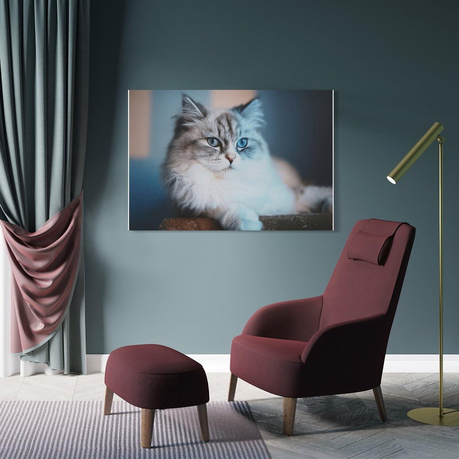 Junmoney Frame-Style-8 Canvas Wall Art Blue-Eyed Fluffy Cat, 20X30inch(50X75cm), For Lounge, Study, Hallway Or Flat Walls, Canvas Wall Art That Fits Changing Layouts