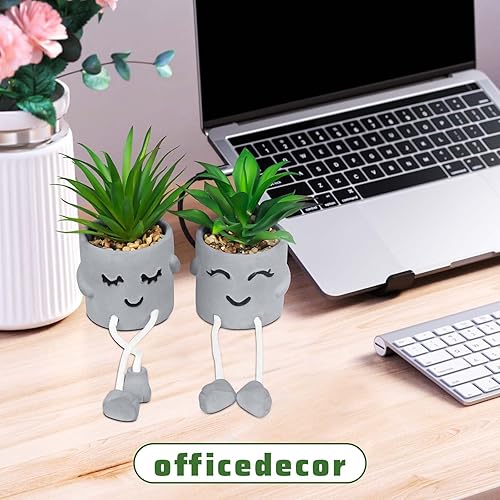 Miniatura 6 de SEMSOIIO 4 plantas suculentas artificiales creativas con macetas grises mini macetas para decoración del hogar