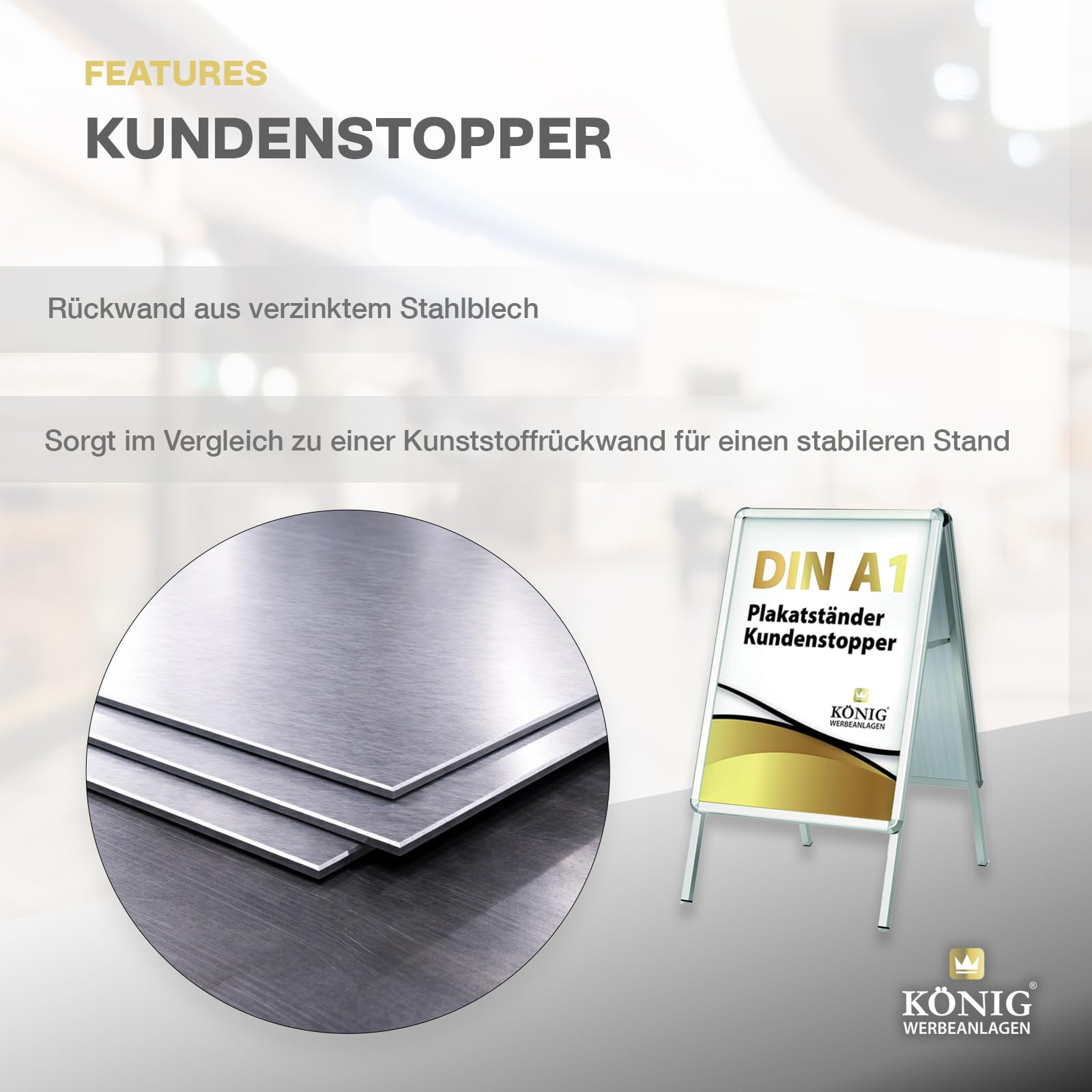 Dreifke Kundenstopper Keitum DIN A1 silber | beidseitig für 2 Plakate | Rückwand aus verzinktem Stahlblech | entspiegelte Schutzscheiben | wetterfester Plakatständer | Gehwegaufsteller Werbetafel
