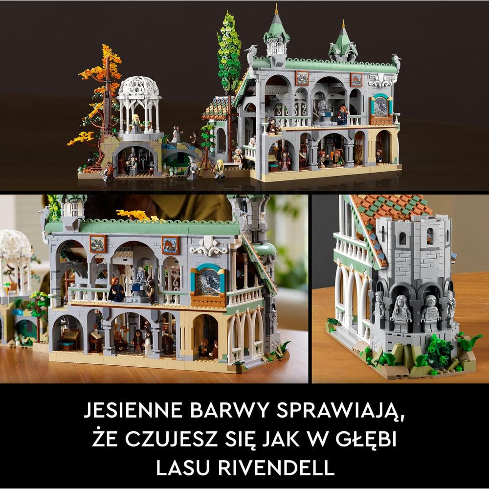 LEGO 10316 Icons WŁADCA PIERŚCIENI: RIVENDELL, duży zestaw klocków konstrukcyjnych dla dorosłych z 15 minifigurkami, w tym Frodo, Sam i Bilbo Baggins, replika Rivendell, pomysł na prezent