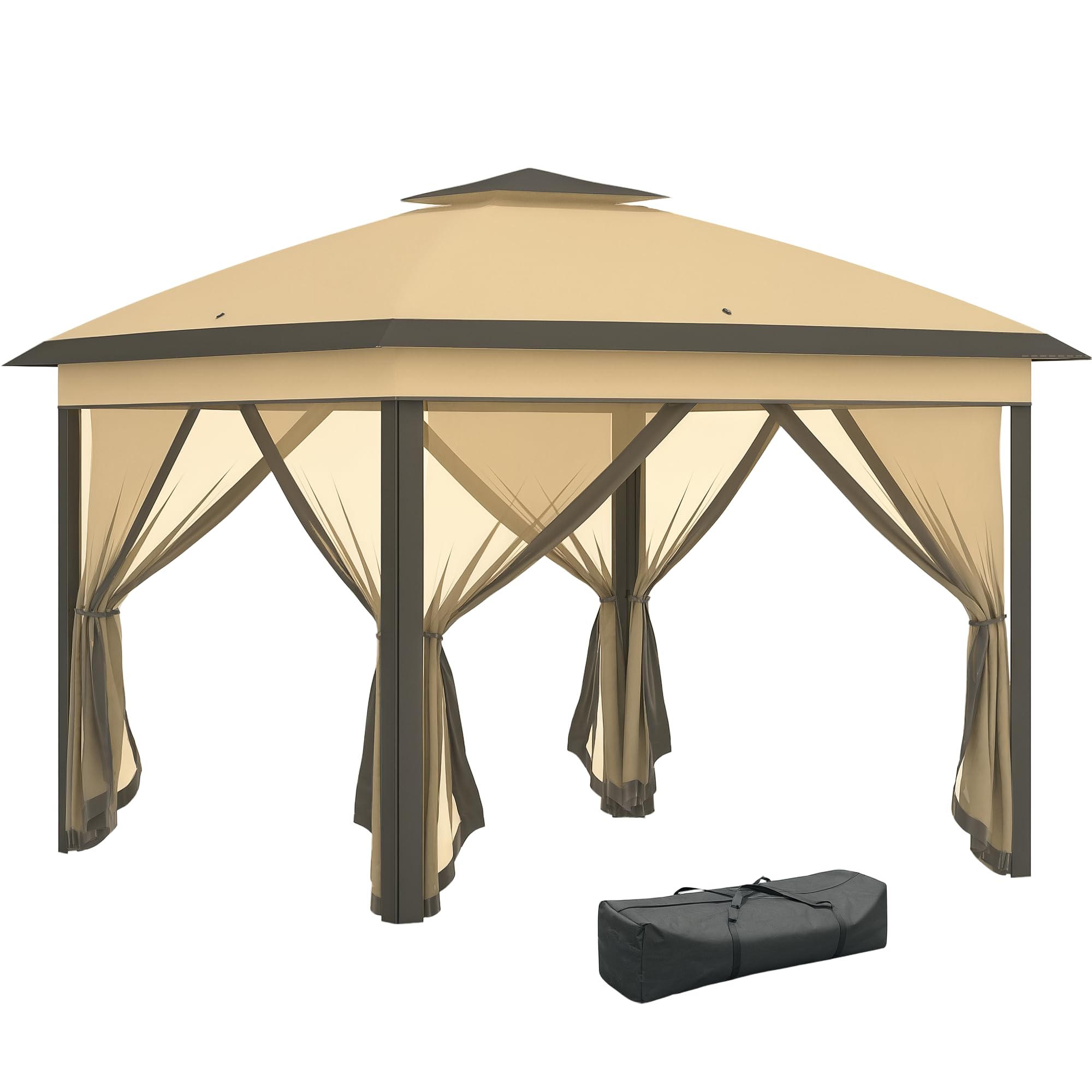 Outsunny Carpa Plegable 3,3x3,3 m Cenador de Jardín con Altura Ajustable en 3 Niveles Doble Techo 4 Mosquiteras Extraíbles y Bolsa de Transporte Impermeable Anti-UV Gazebo para Exterior Fiestas Beige