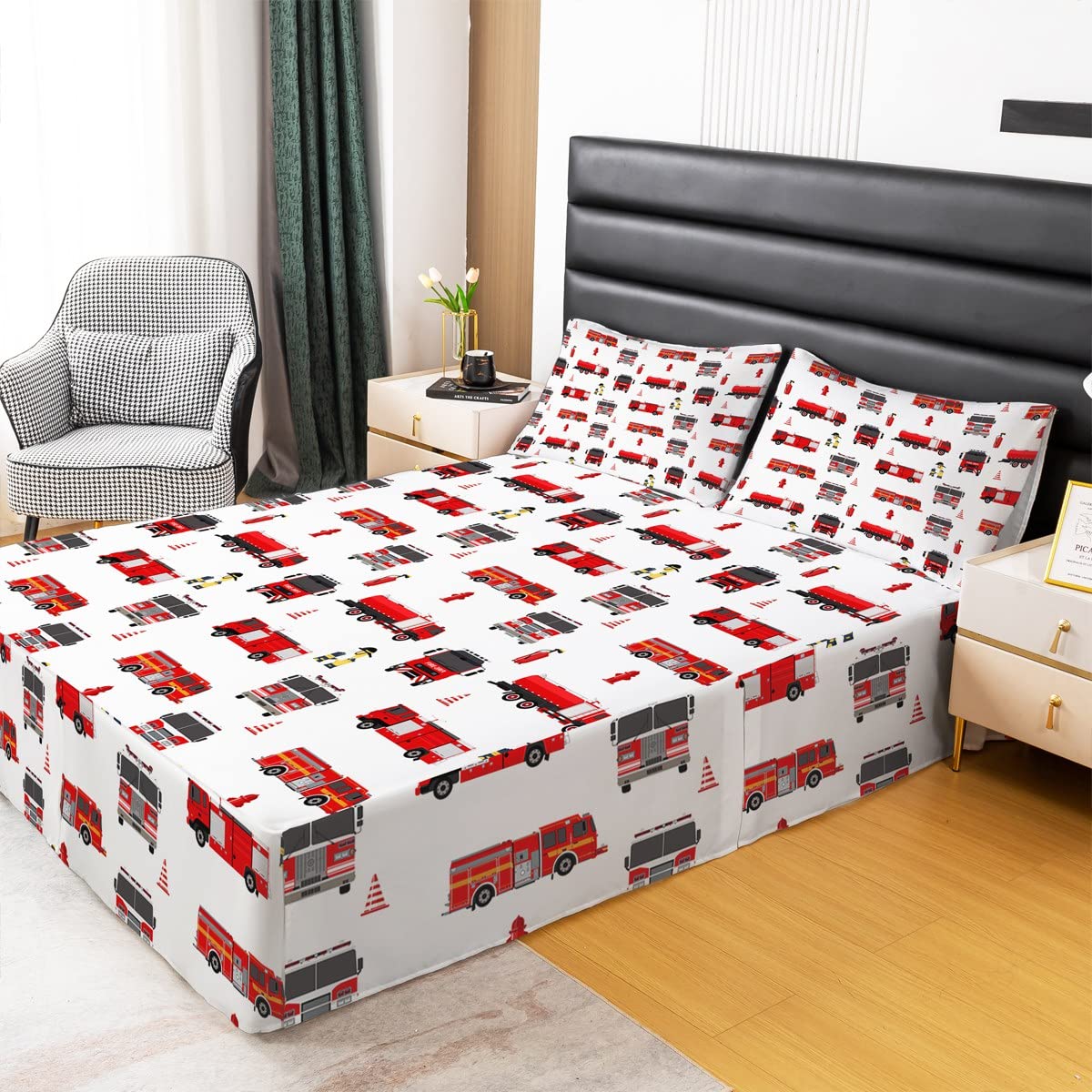 Erosebridal Fire Truck Bed Skirt Twin for Boys Teens Girls Firemen Car Vehicle Bed Skirts Kids Youth Firefighter Truck Bedskirt Red Fire Fighting Supplies Print Bedding Set with 1 Pillowcase