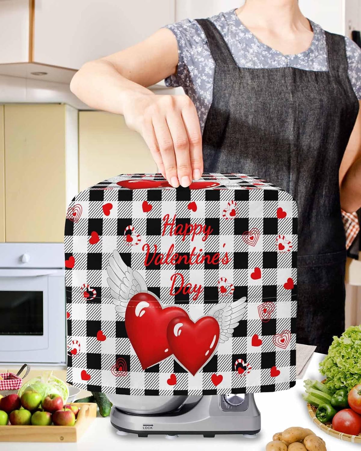 Valentine's Day Stand Mixer Cover with Storage Pocket, Waterproof Kitchen Mixer Covers, Red Love Wings Romantic White Black Plaid Kitchen Appliance Dust Cover Compatible with 6-9 Quart Mixers