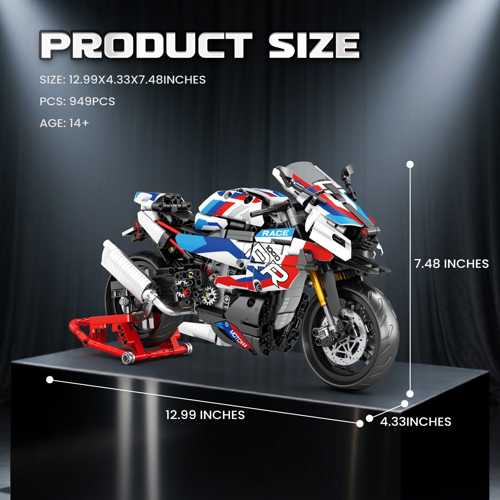 Reobrix Motorcycle 1000 RR Technic Set di Costruzione 1:8 949 Pezzi Modello Moto da Collezione con Supporto 14+