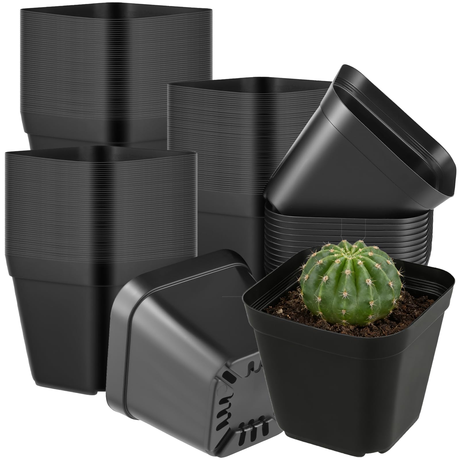Lot de 200 pots de fleurs en plastique avec trous de drainage, pots de semis carrés de 10 cm, conteneurs anti-déformation pour légumes, plantes grasses et transplantation
