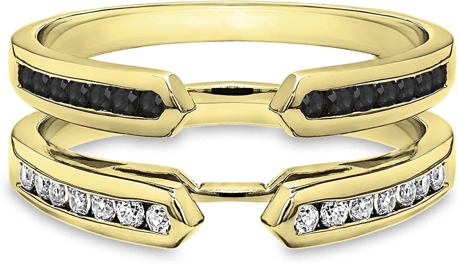 Round Cut Black & White Diamond Enhancer Ring Guard, 14K Gold Plated Silver Double Chevron Jacket for Solitaire Ring