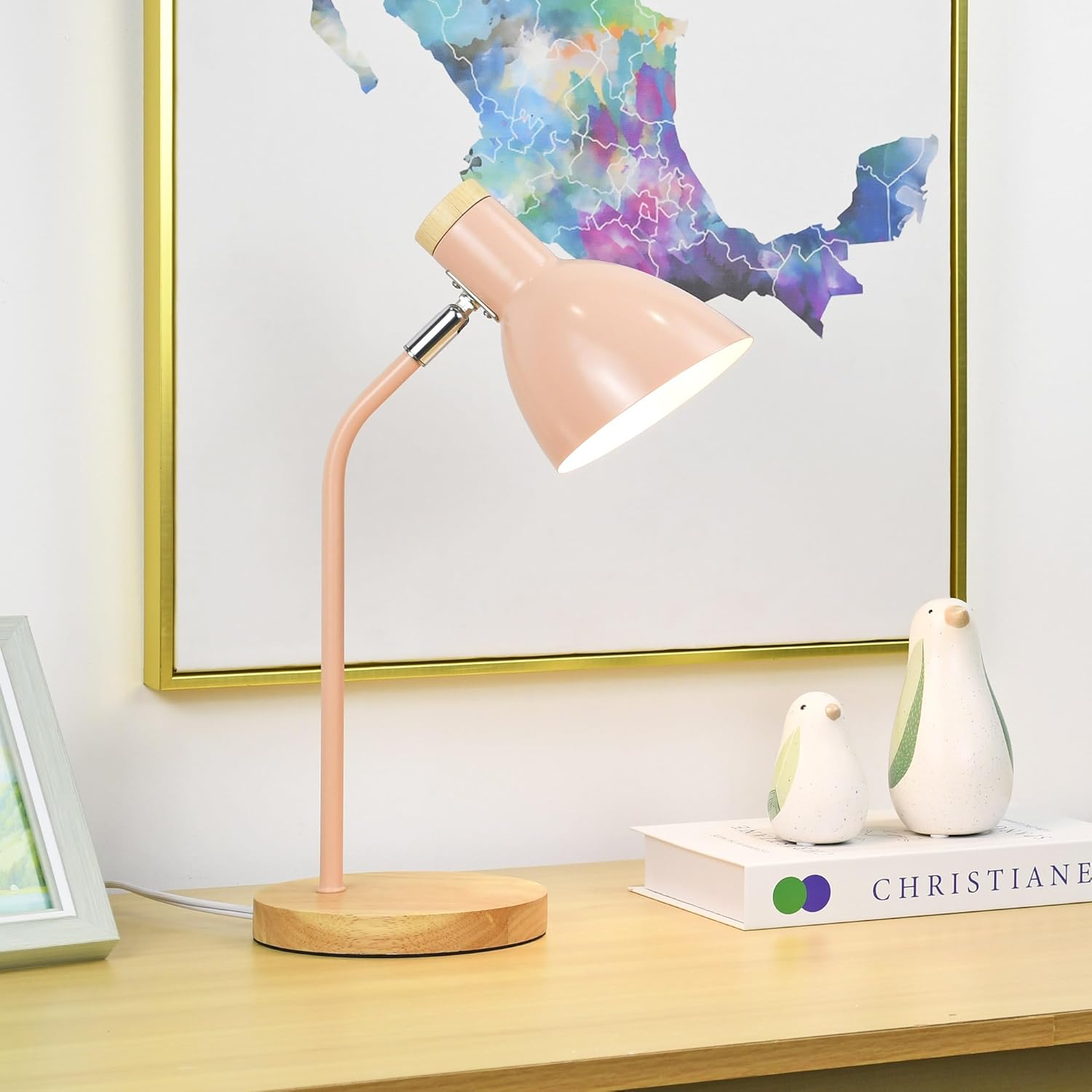 Lampwell Helle Pink Adjustable Office Desk Lamp for Home Office Bedrooms,Wood Kids Student Desk Lamp for Girls Dorm Desk,9.69×5.91×H14.88IN,Bulb Excluded