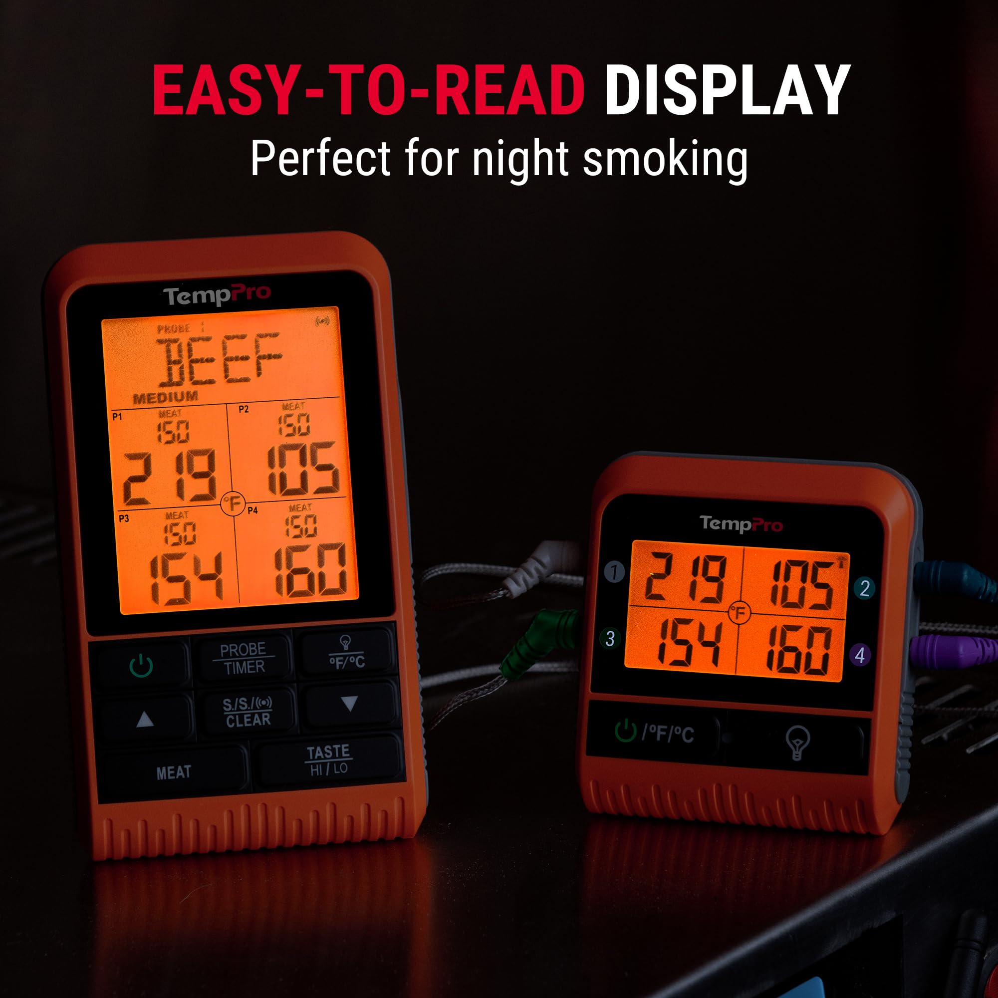 ThermoPro TP829 Termómetro inalámbrico LCD para carne para asar y ahumar, termómetro de parrilla de 1000 pies para parrilla exterior con 4 sondas de carne, termómetro de barbacoa para horno ahumador,