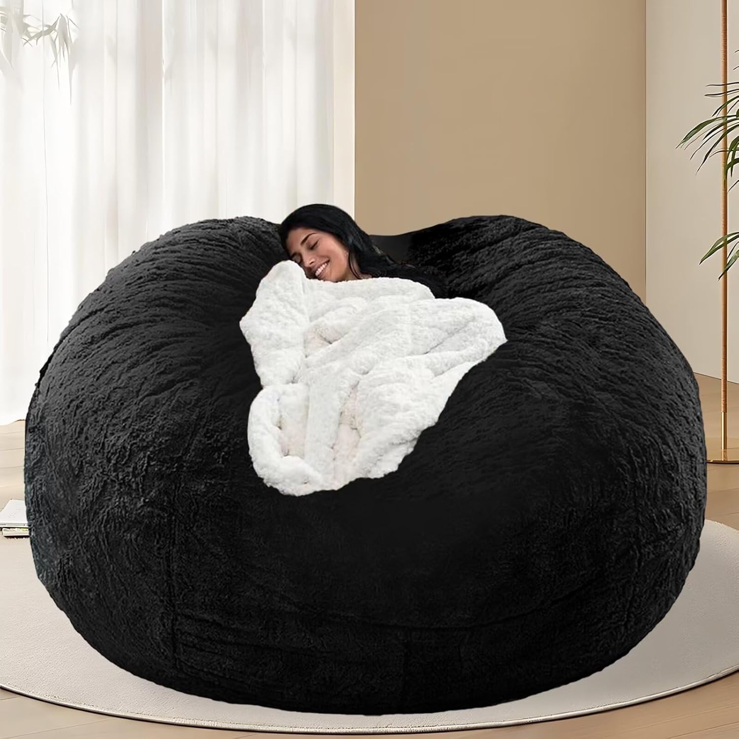 BCU 7FT Big Bean Bag for Adults Kids Without Filling Oversized Bean Bag Chair Cover for Stuffed Animal Storage, Black 7FT Black