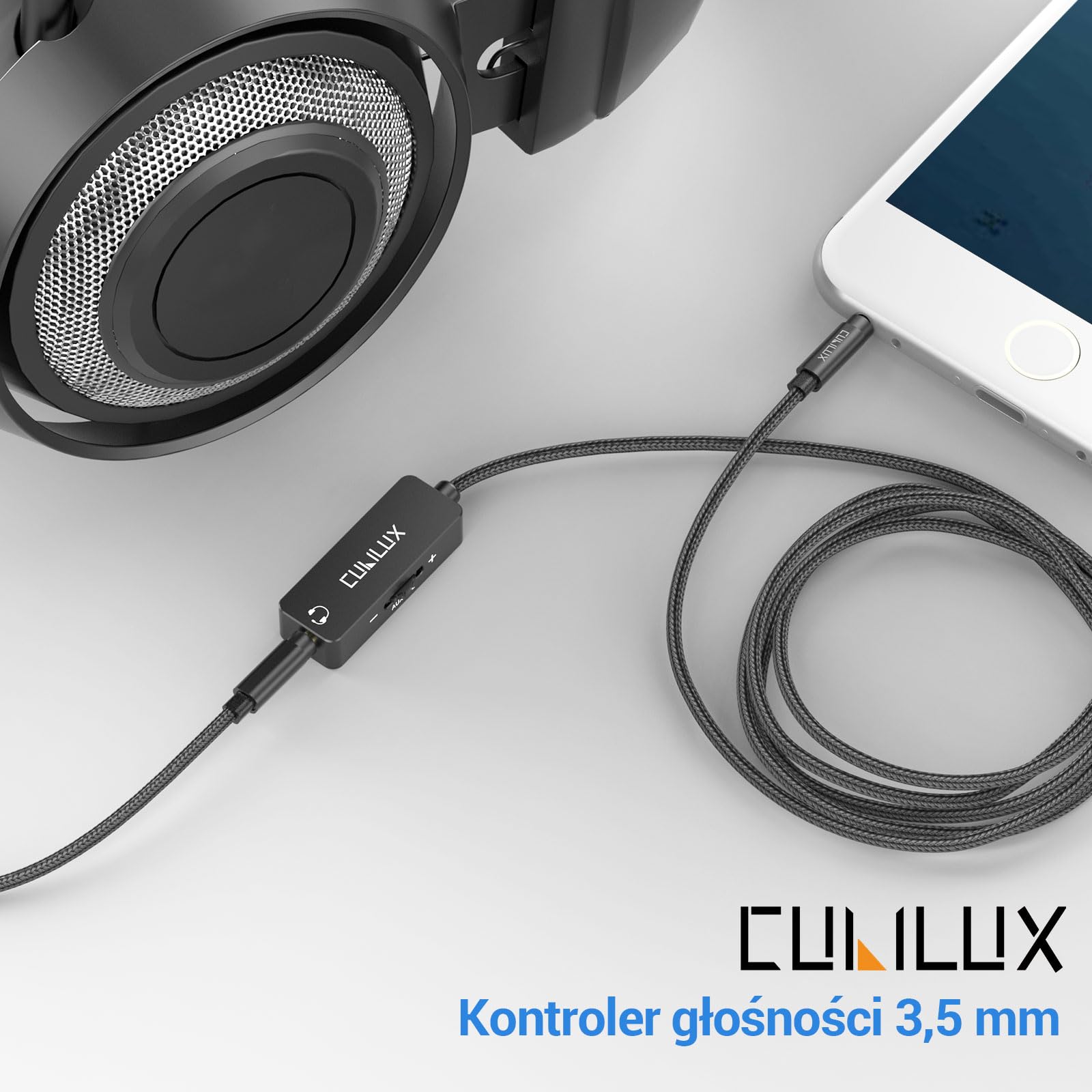 Cubilux Kabel tłumiący 3,5 mm TRRS, przedłużacz słuchawkowy 1/8 cala z regulacją głośności, wbudowany kontroler głośności do słuchawek, głośników, 1,2 m