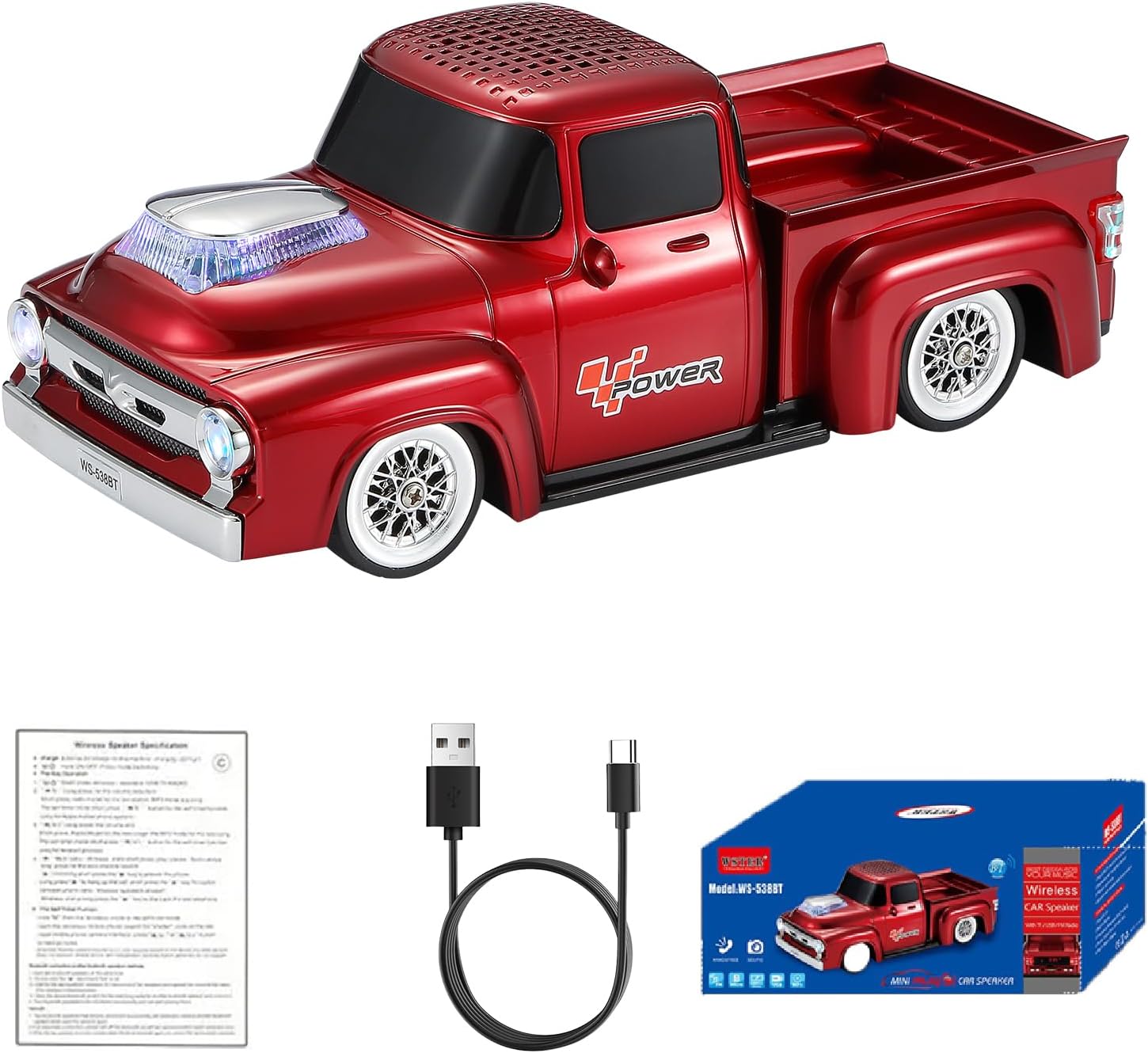 WSTER WS-538 Retro Pickup Truck Bluetooth Replica Speaker – Portable Wireless Car Model Speaker with FM, TWS, LED Party Lights, USB/TF Playback, Built-in Microphone, Type-C, Surprise Gift(Red)