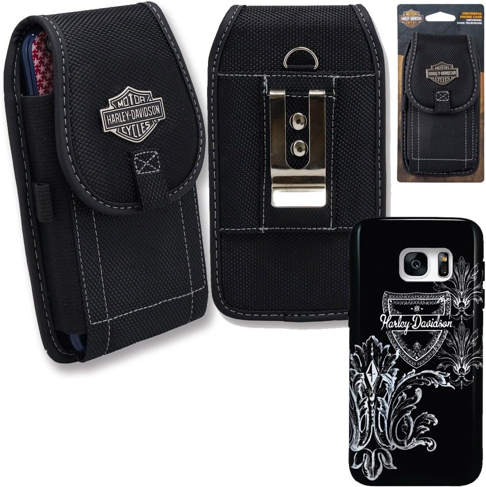 Harley Davidson Samsung Galaxy S7 Hard Shell Black and White Script Logo Cover with Vertical Nylon Harley Davidson Riding Case.