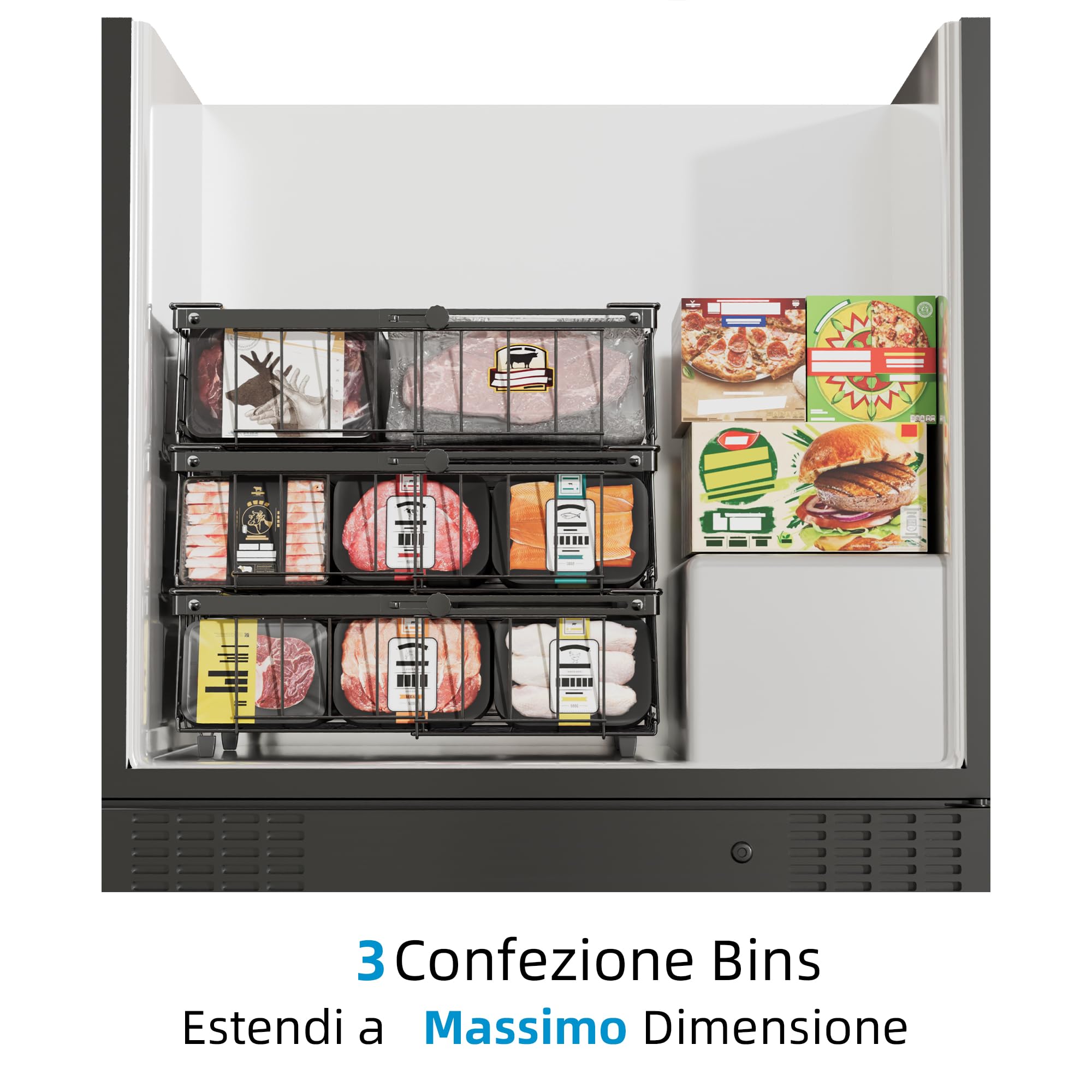 2 Pezzi organizer per congelatore,organizzare freezer pozzetto,cesto per congelatore,cesti metallo,Impilabile，Lunghezza regolabile 29-46CM，Nero