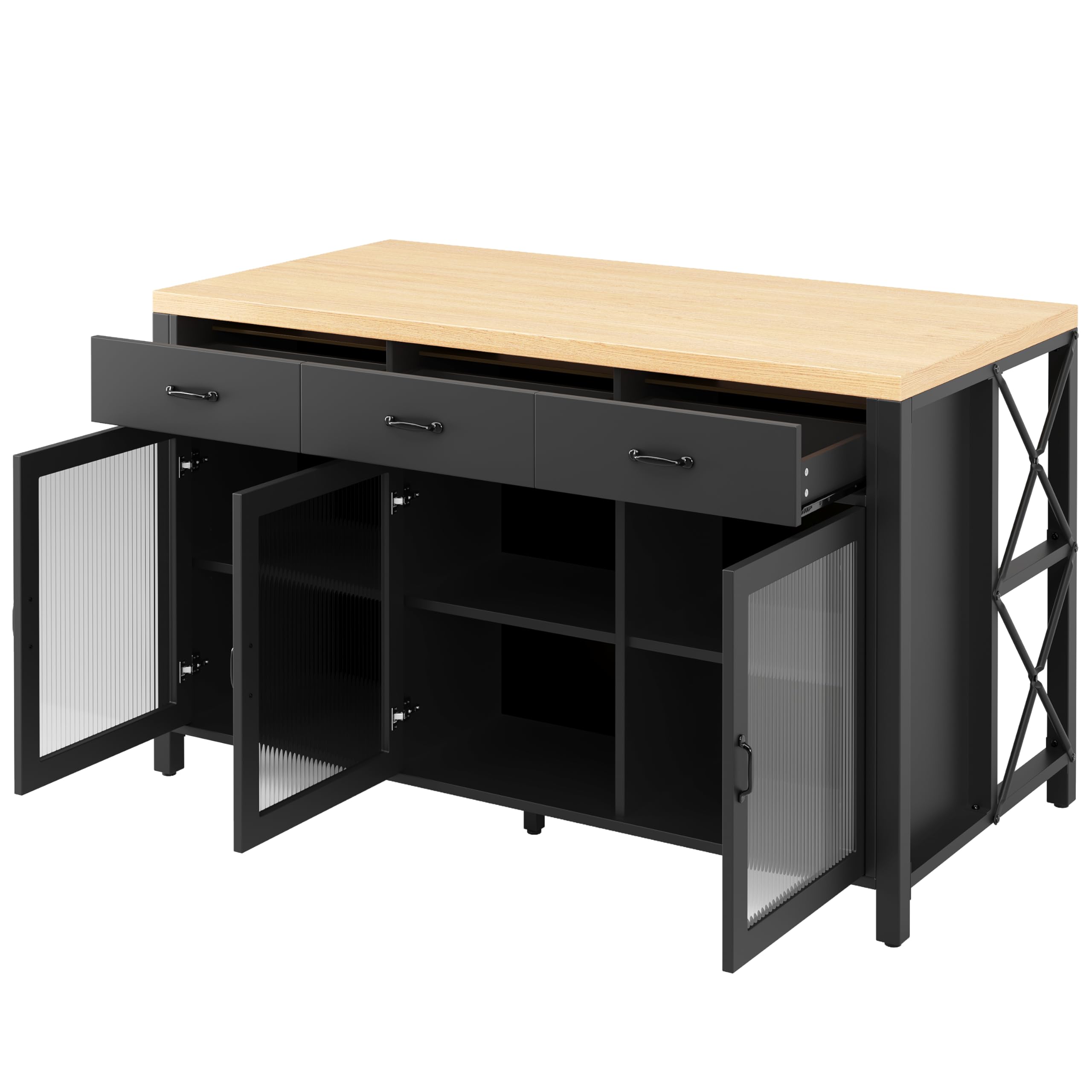 Isola da cucina con 3 cassetti e ante in vetro, design industriale, 150 x 80 x 90 cm, piedini regolabili, nero naturale