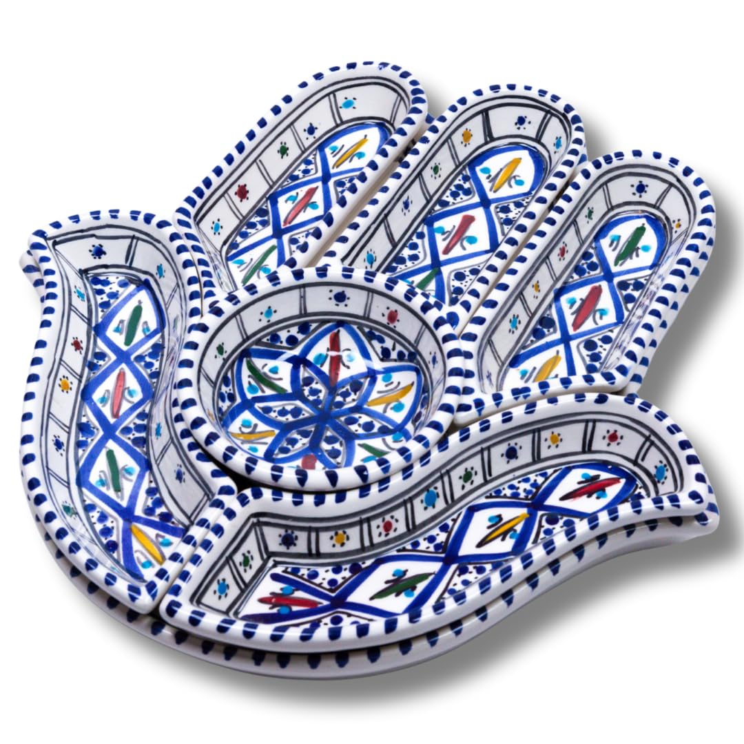 Kamsah Hamsa Serving Platter – 7-Piece Hand-Painted Ceramic Colorful Serving Dishes for Snacks, Appetizers, Dips and More – Moroccon Decorative Platters for Celebrations, Parties and Events