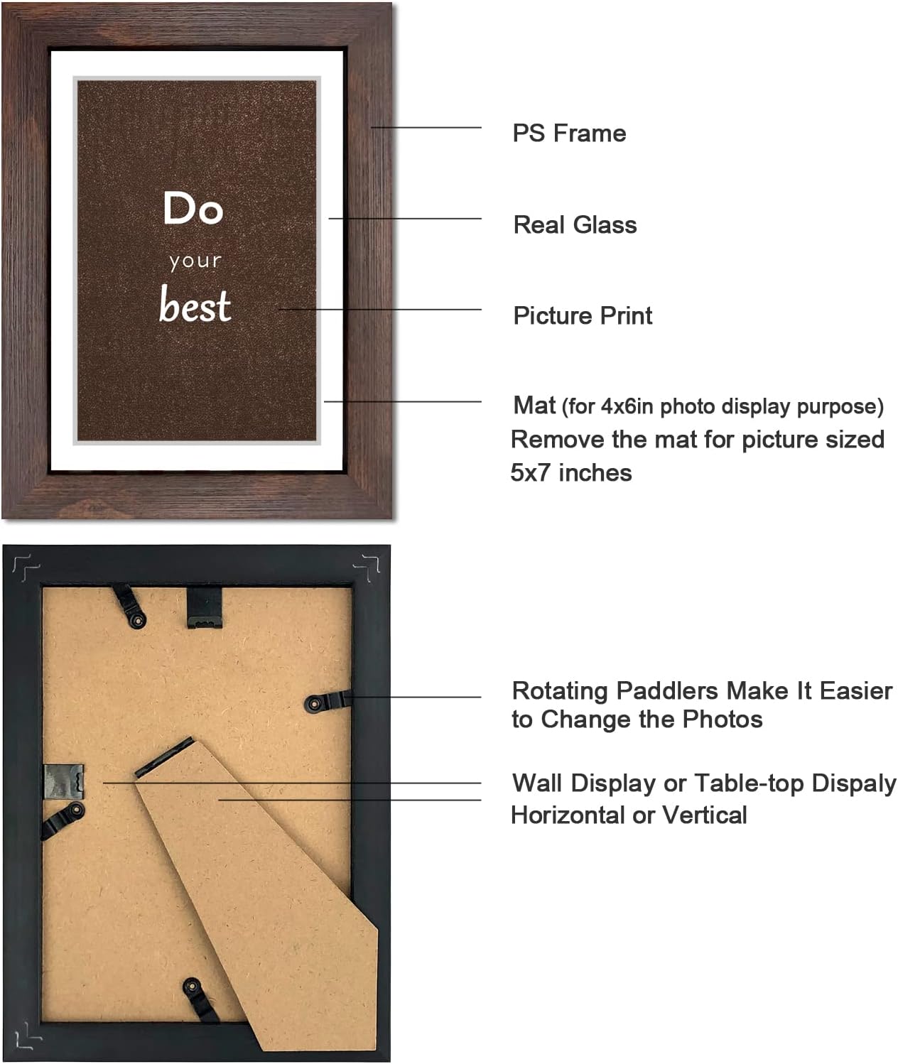 5x7 Walnut Picture Frame Set of 3 with Real Glass for Pictures 4x6 with Mat or 5x7 Without Mat, Wall or Tabletop Gallery Photo Frames - Image 3