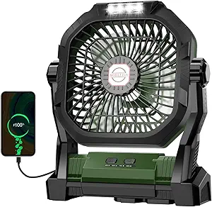 Camping Fan Rechargeable, 20000mAh Battery Powered Portable Fan with LED Light, 4-Speed 180° Adjustable, Camping Essentials for Tent, Travel, Car, Outdoor, Indoor, BBQ, Fishing, Jobsite - Green