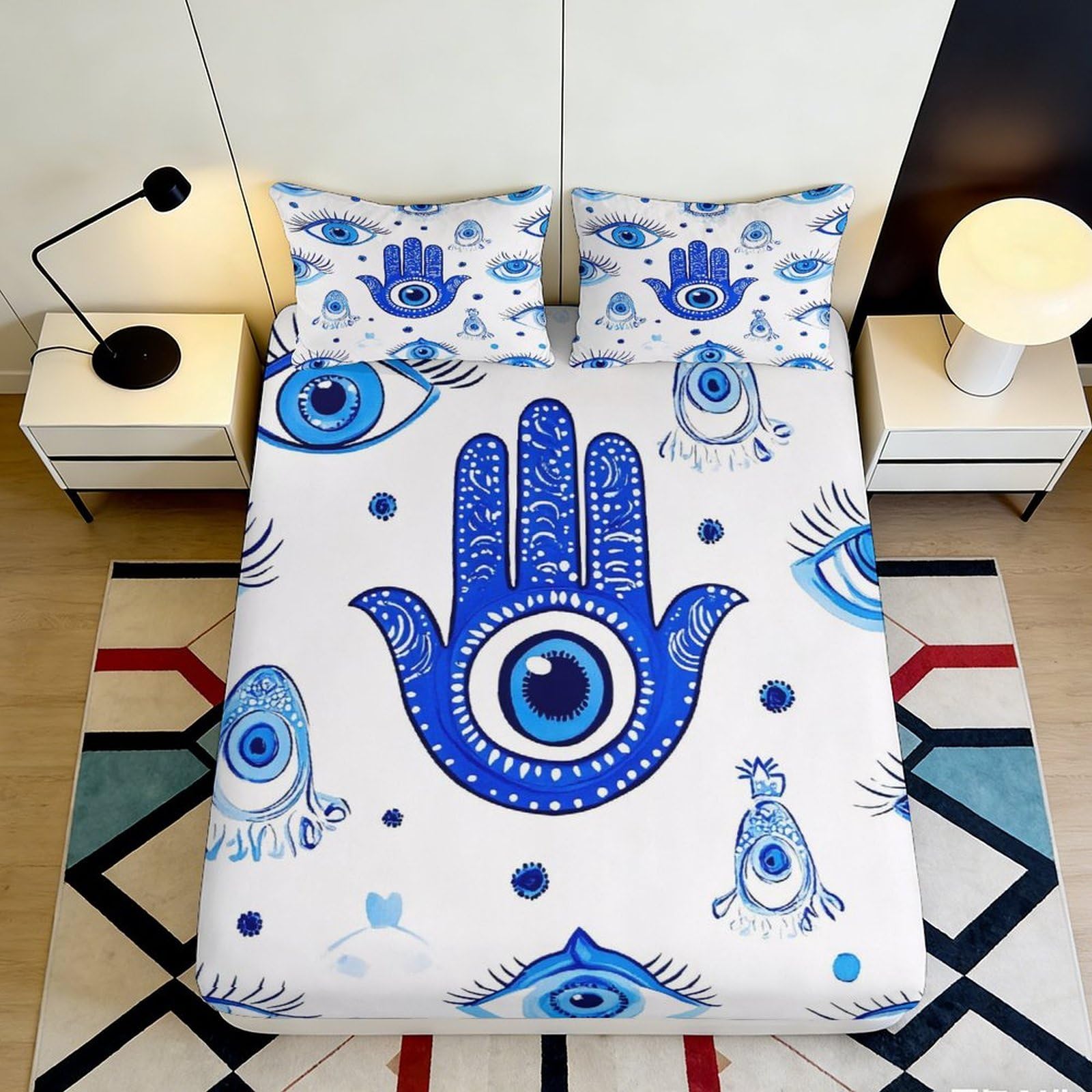 3D Printed Evil Eye Hamsa Fitted Sheet Microfiber Non-slip Bed Cover for Bedroom Dorm Mattress Protection Decor 90x200x25cm