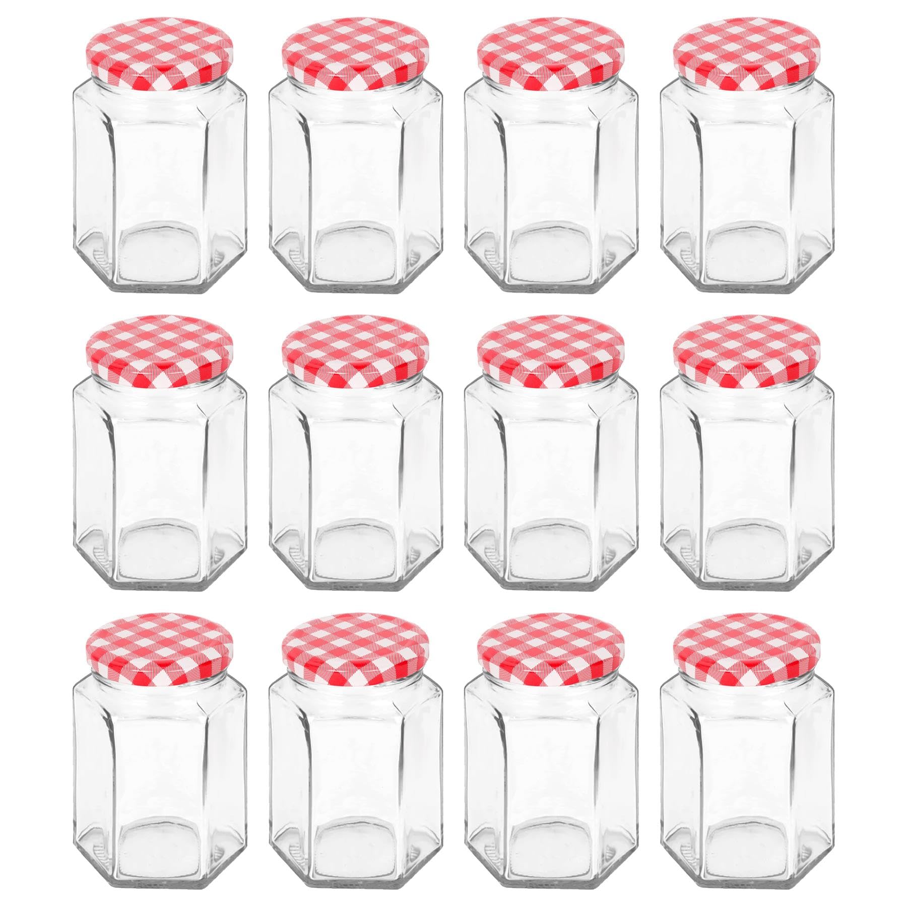 Argon Tableware Red Gingham 250Ml Hexagonal Glass Jam Jars With Lids - 12X Empty Screw Top Kitchen Food Honey Spice Chutney Preserving Canning Storage Jar Container Glasses Set