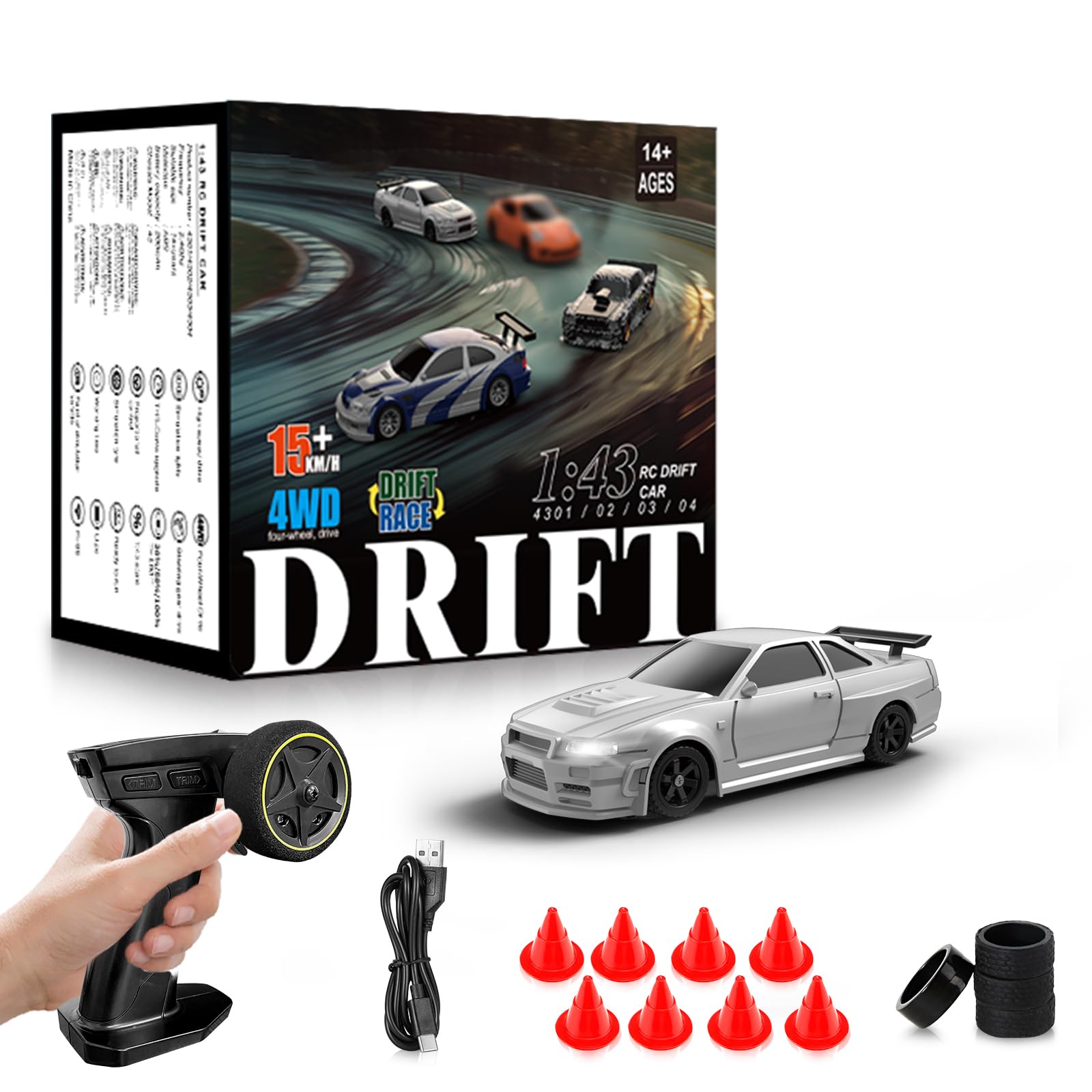RC Drift Car for Kids, 1/43 Scale Full Proportional Mini Car for Kids, Boys, Girls,Teens, Silver