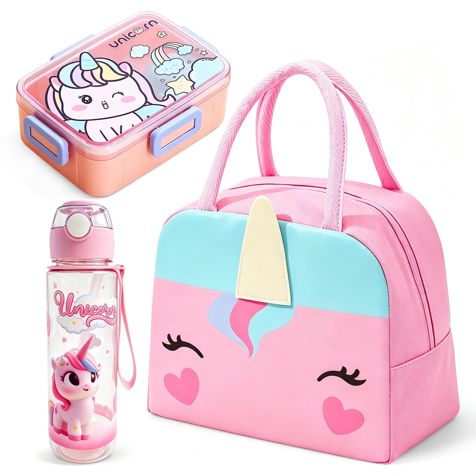 Unicorn Lunch Box Set for Girls–600ml 2-Compartment Bento Box with Cutlery, 900ml Leak-Proof Straw Water Bottle with Handle, Insulated Thermal Lunch Bag–BPA-Free Food Container for School (Pink)