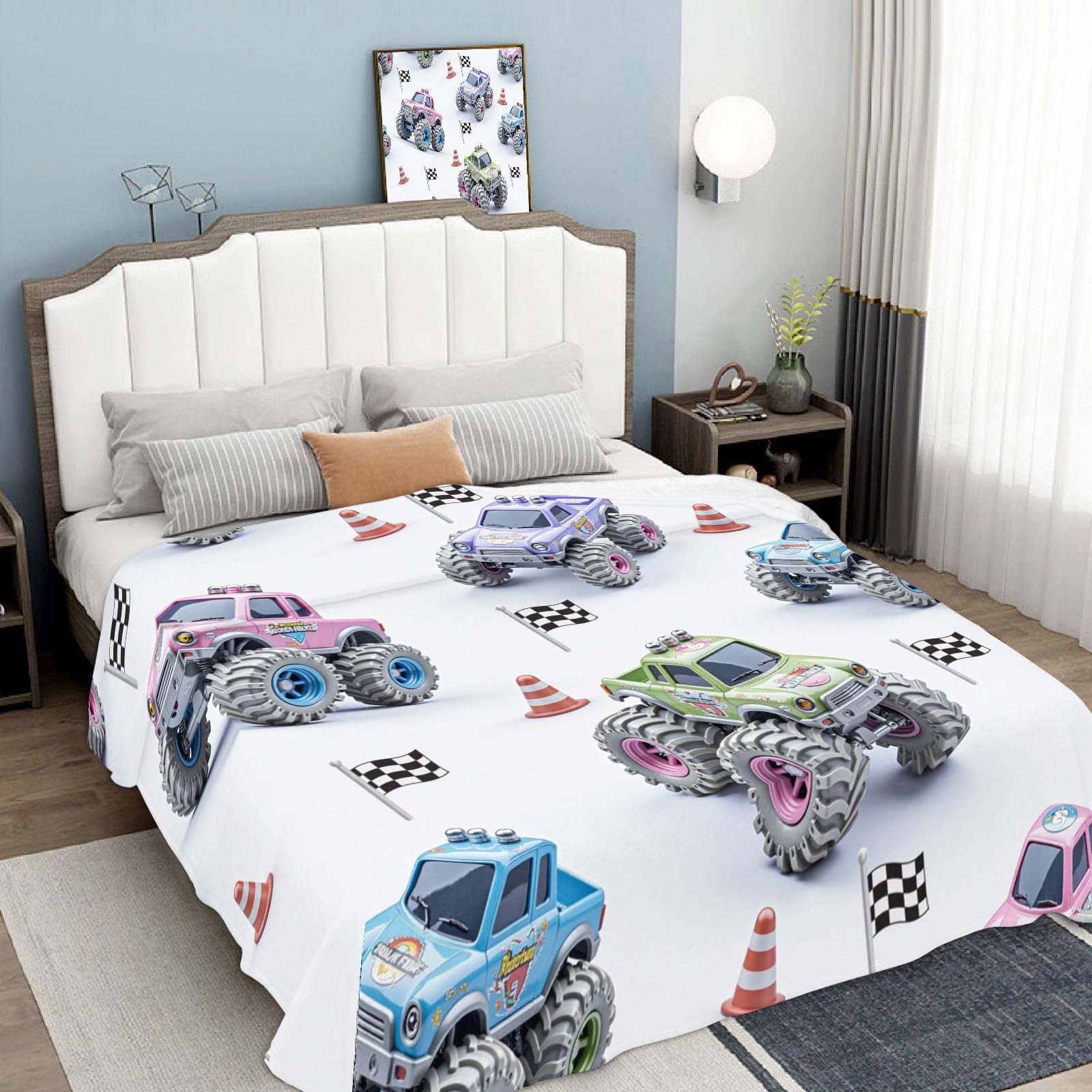 Sherpa Franela Reversible para Cama 90 135 150 200, Manta Polar Con para Sofá, Camioneta linda Carreras divertidas Borreguito Gruesa, Suave, Caliente,Transpirable para Invierno Blanco,135×160CM