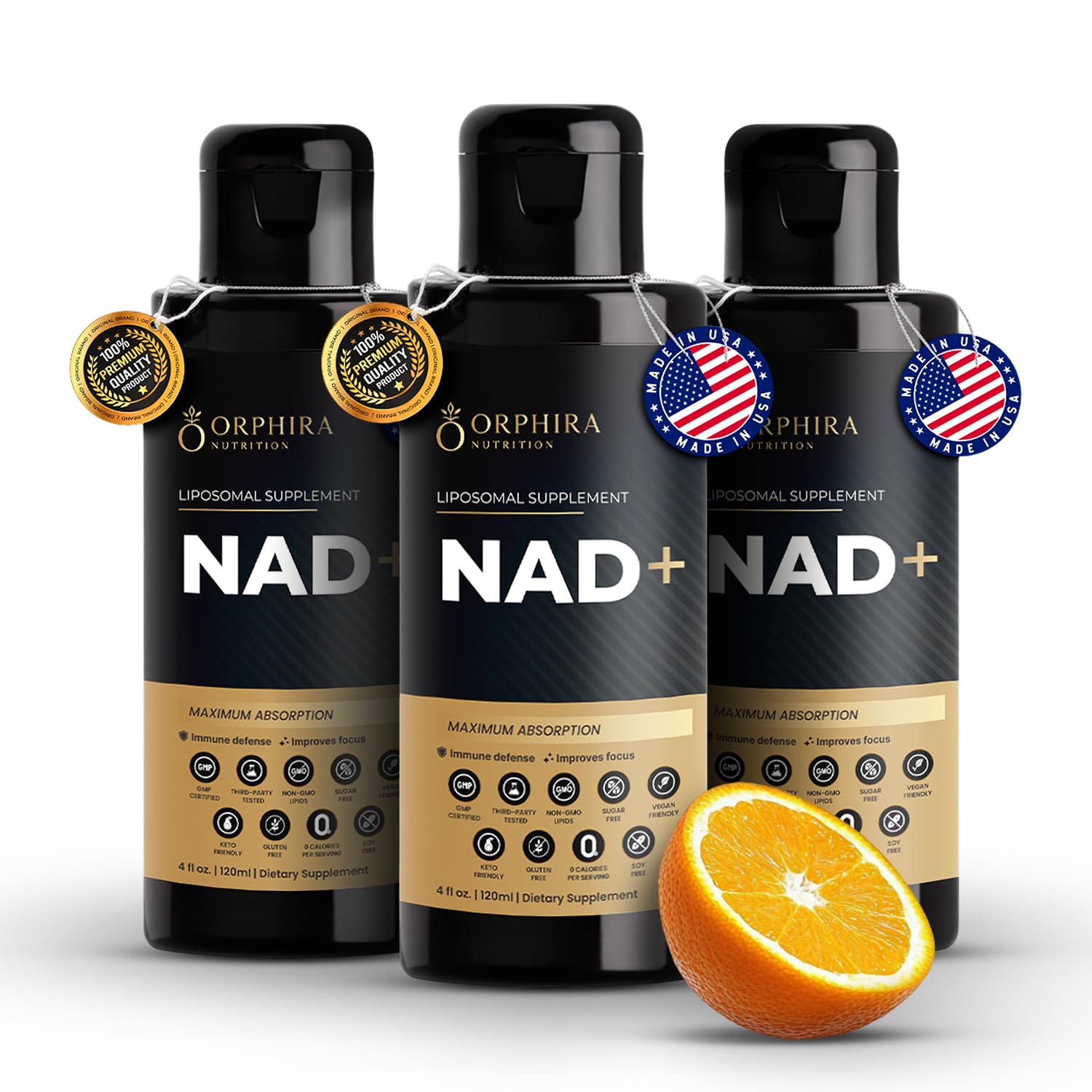 Orphira Liquid Liposomal NAD+ Supplement - 10x Better Absorption for Cellular Energy, Mental Clarity, Healthy Aging & Vitality Support - Enhanced NAD Plus, Vegan, Non-GMO - 30 Servings Each (3 Pack) 12fl