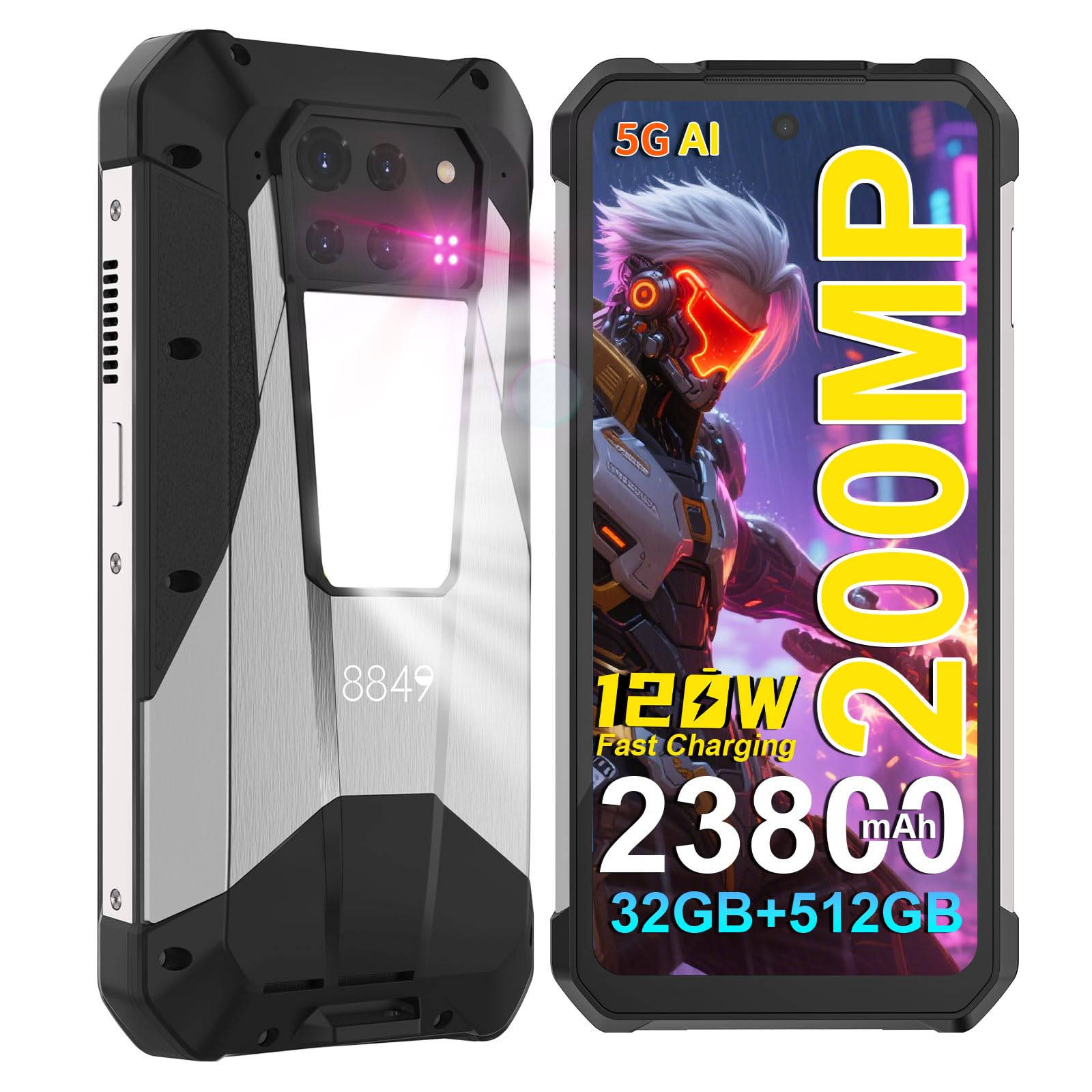 8849 Tank 3 Pro 5G Outdoor-Smartphone AI | IP68 | Integrierter Projektor | 6,79" FHD+ Display | 23800 mAh | 120W | 32 GB + 512 GB | Campinglampe | OTG | NFC | 50 MP + 200 MP | Robustes Handy