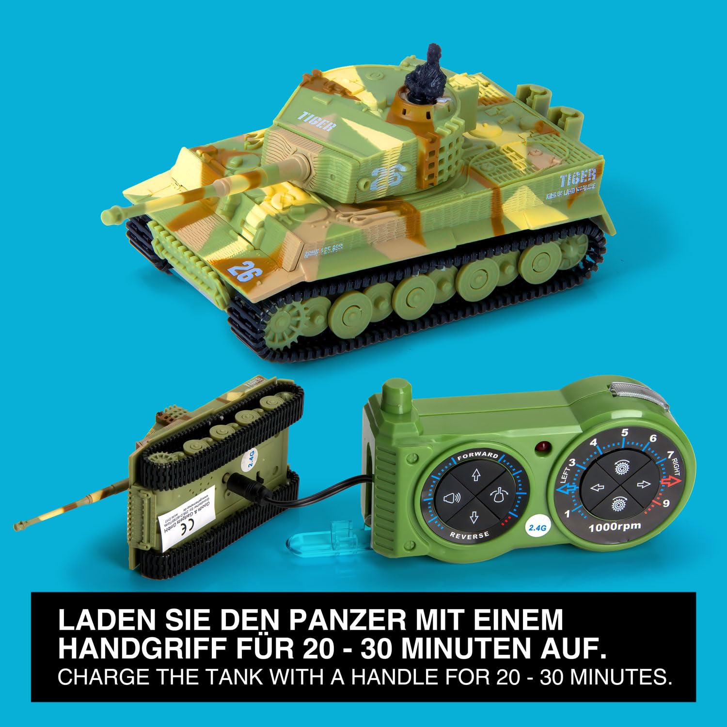 Tanque teledirigido Mini RC German Tiger I – Modelo R/C Battletank con función de disparo, sonido y luz – escala 1:72 (juego de 2 batalles)