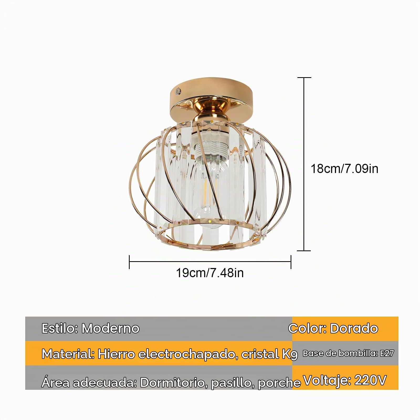 Lámpara de Techo de Cristal Dorado 2 Pack | Plafones Modernos con Enchufe E27, Lámpara de techo Metal para Salón, Dormitorio, Pasillo