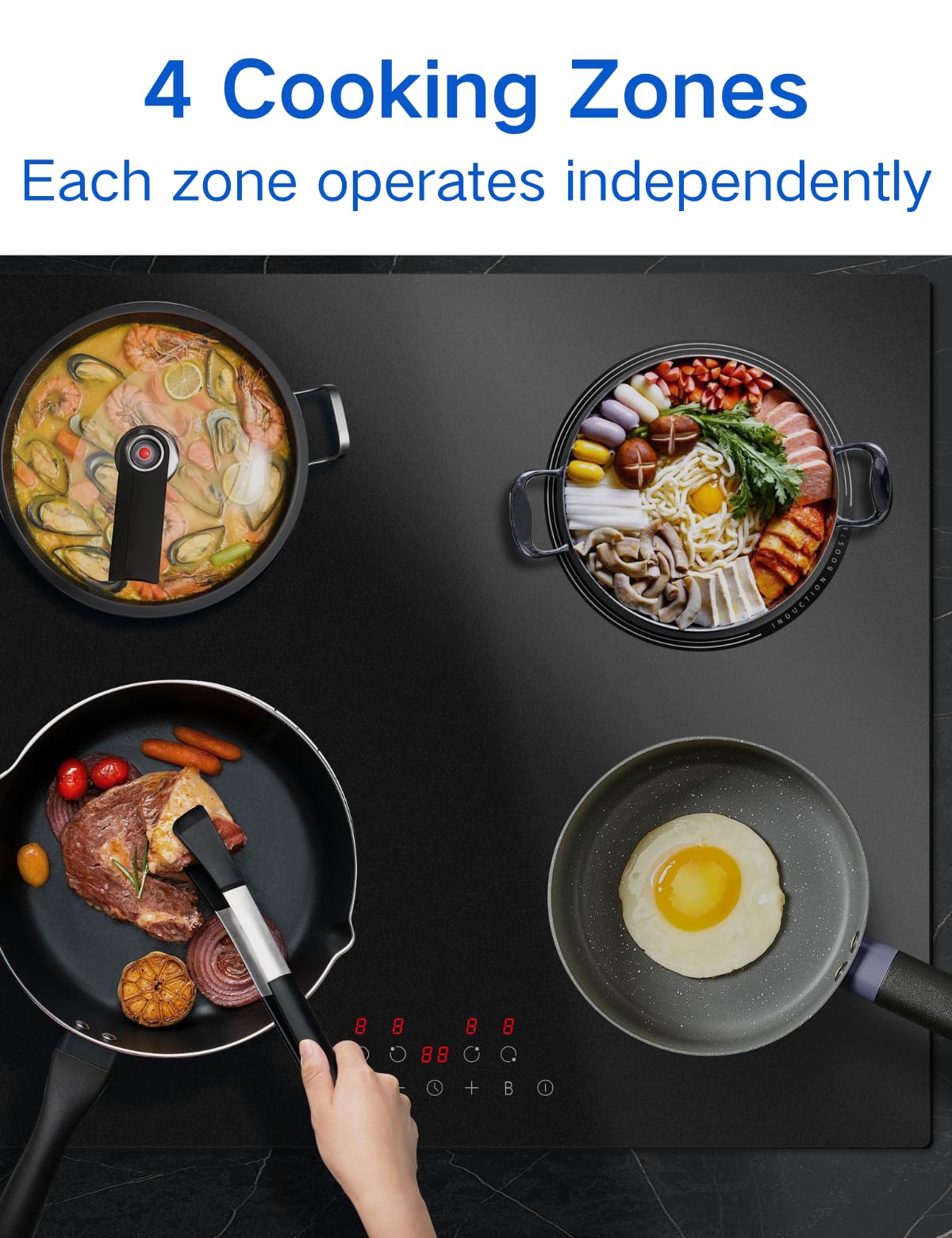 STARCHARTS Plug in Electric Induction Hob with Italian ILVA Glass, 13amp Plug and Play, Built in 4 Zone Plug in Cooktops 2800W, Boost, Pause, Child Lock, Matte Black, Modern Circle Style — view 3