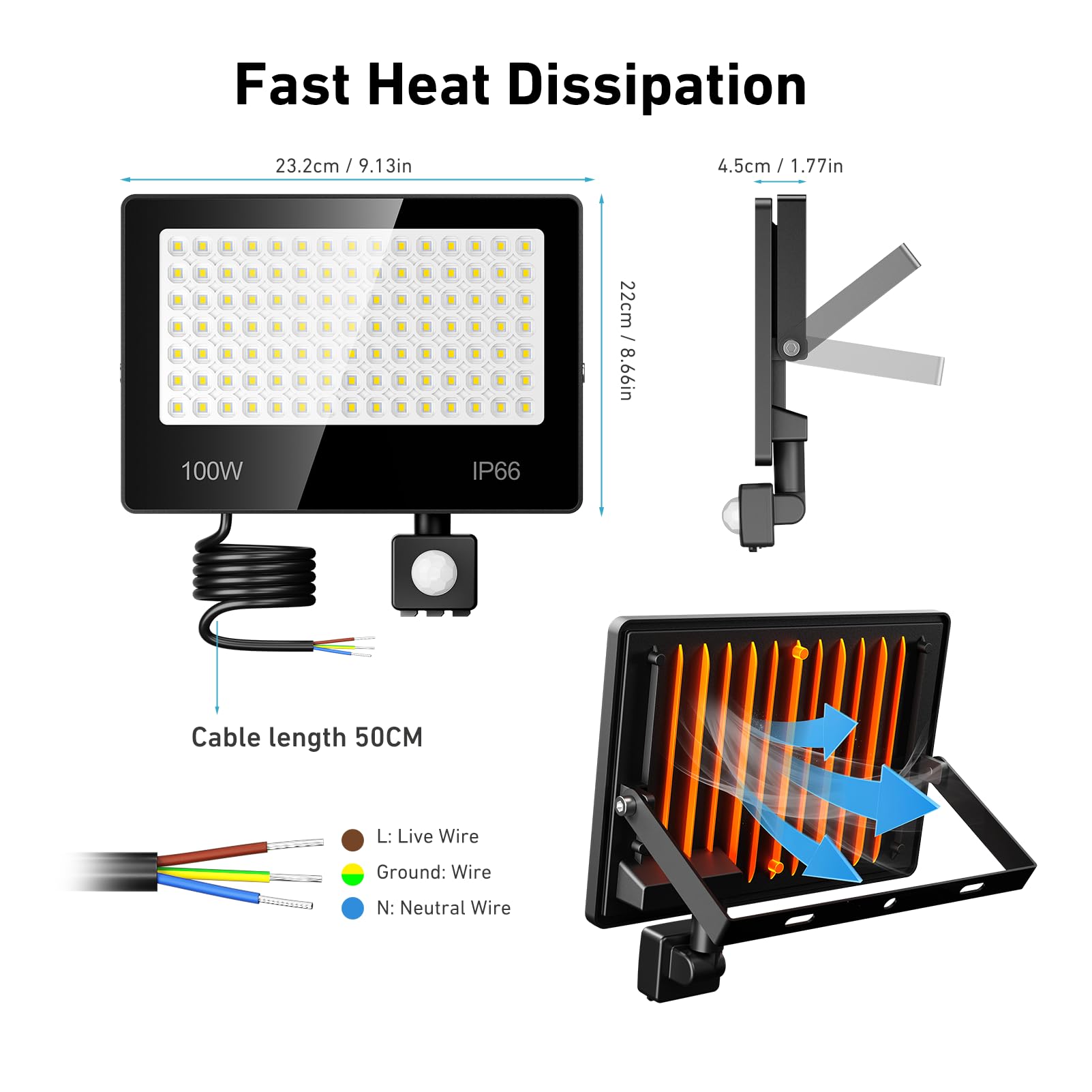Faretto LED da Esterno Con Sensore Di Movimento 100W - 10000LM 6500K Bianco Faro LED Esterno Con Sensore Movimento, IP66 Impermeabile Luce Di Sicurezza per Cortile, Giardino, Garage