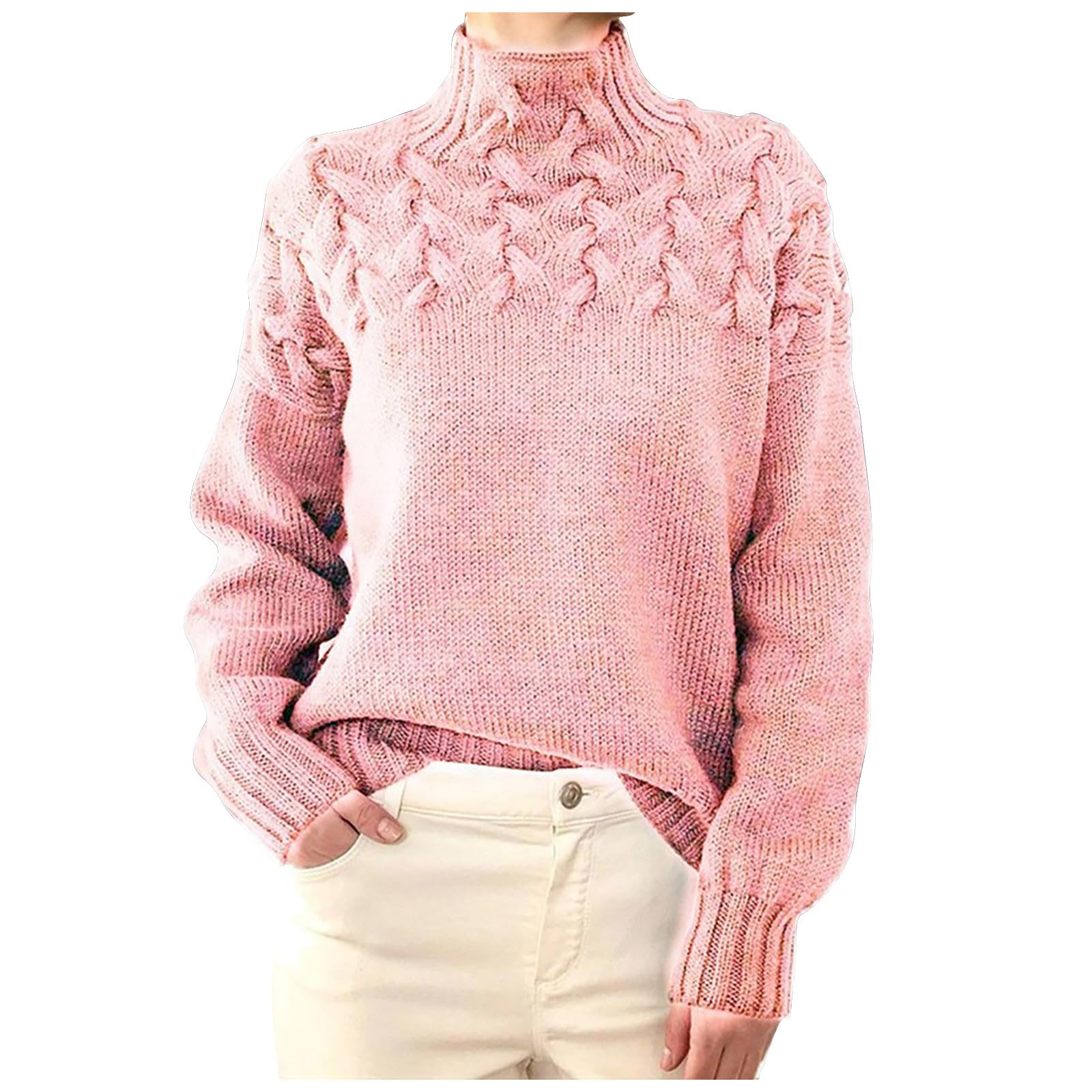 Pull à col roulé pour femme - Tricot ample - Tricot épais - Mode d'hiver - Tissage torsadé - Pull à manches longues
