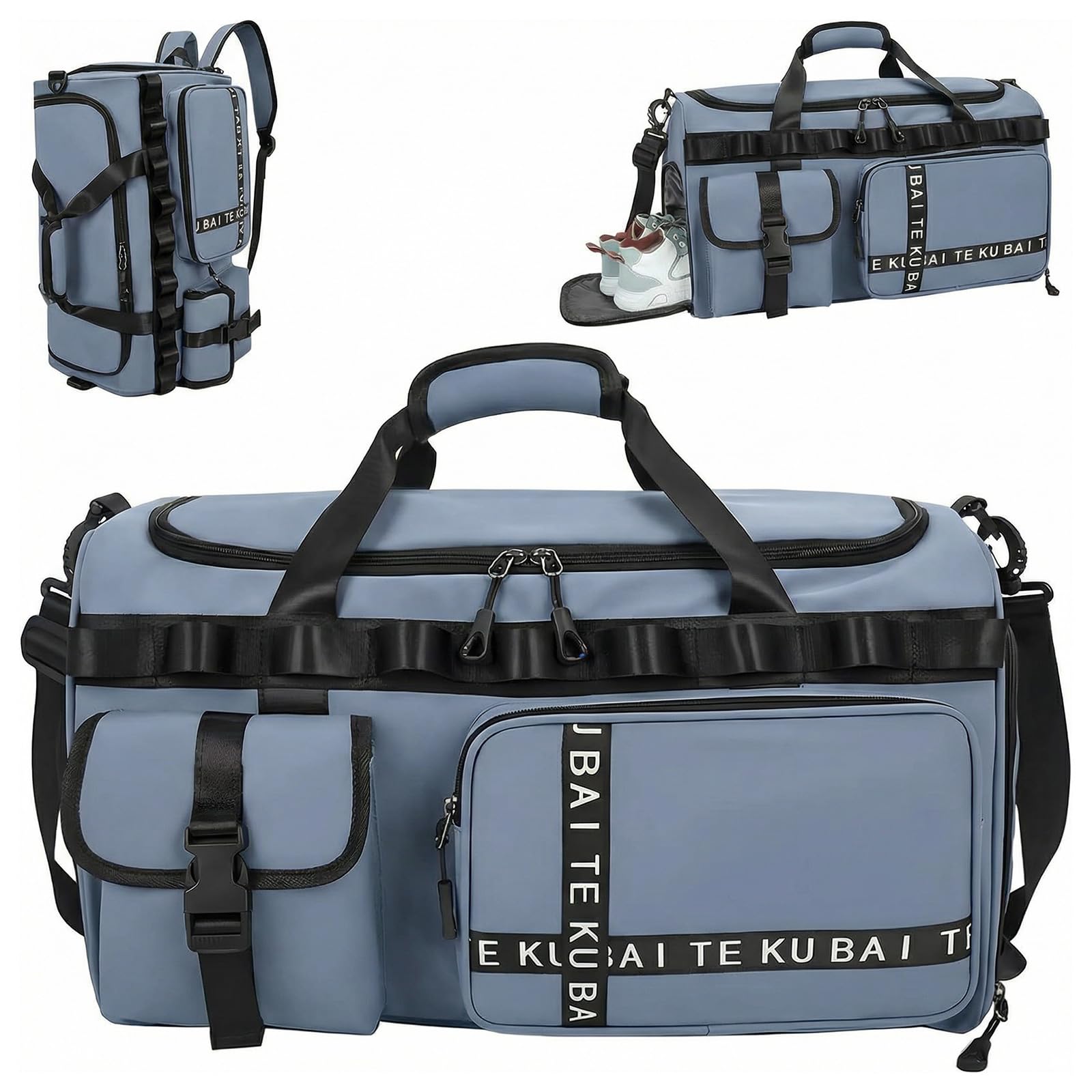 Bolsa de deporte de viaje para hombre y mujer, grande, 65 L, con compartimento para zapatos y compartimento húmedo, gran capacidad, bolsa de viaje, bolsa de natación, bolsa de dormir (azul)