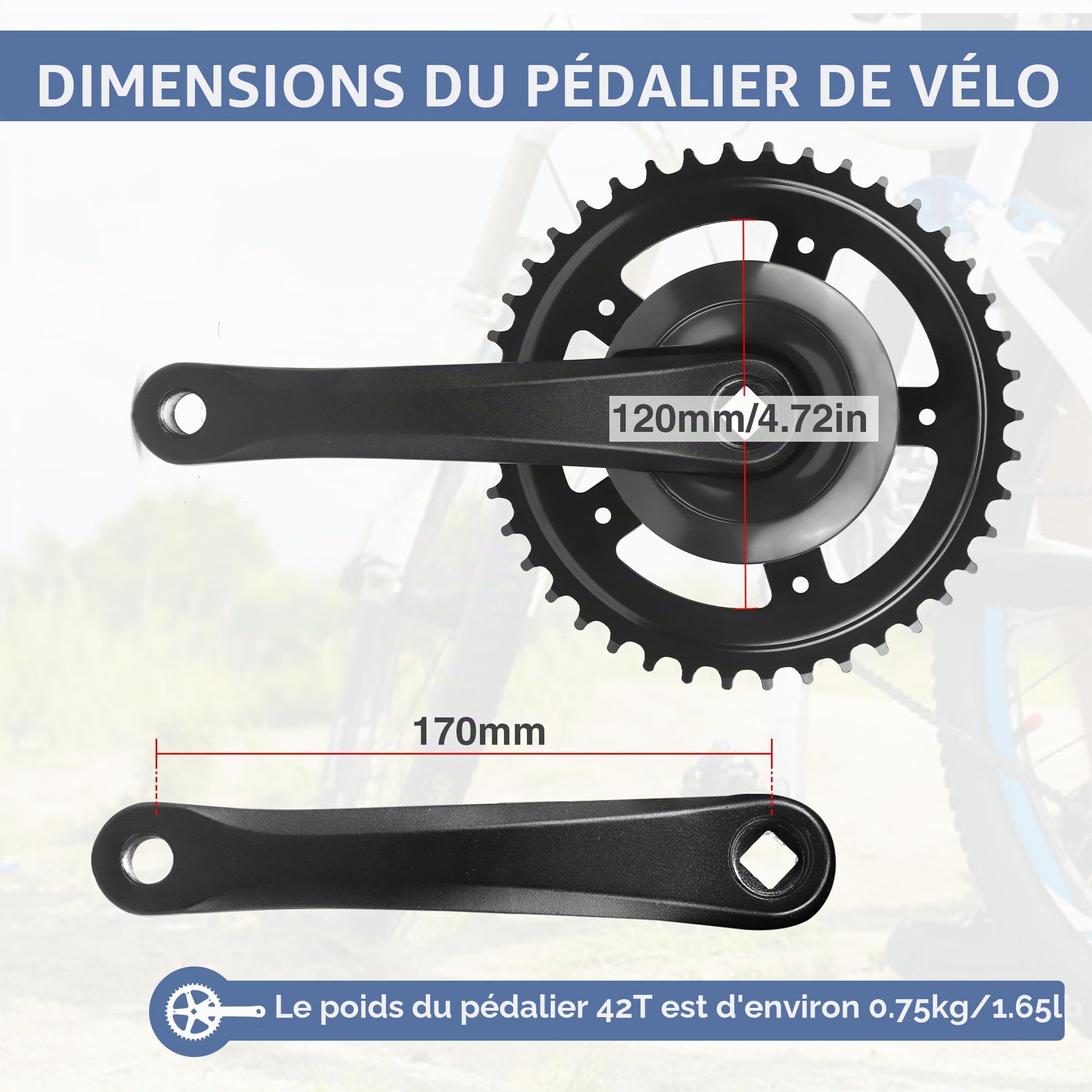 ZUKKA Tourney Pédalier de vélo 170 mm 38T/42T pour Single/1/6/7/8 vitesses Bras en alliage d'aluminium pour VTT Transmission carrée Noir/argenté