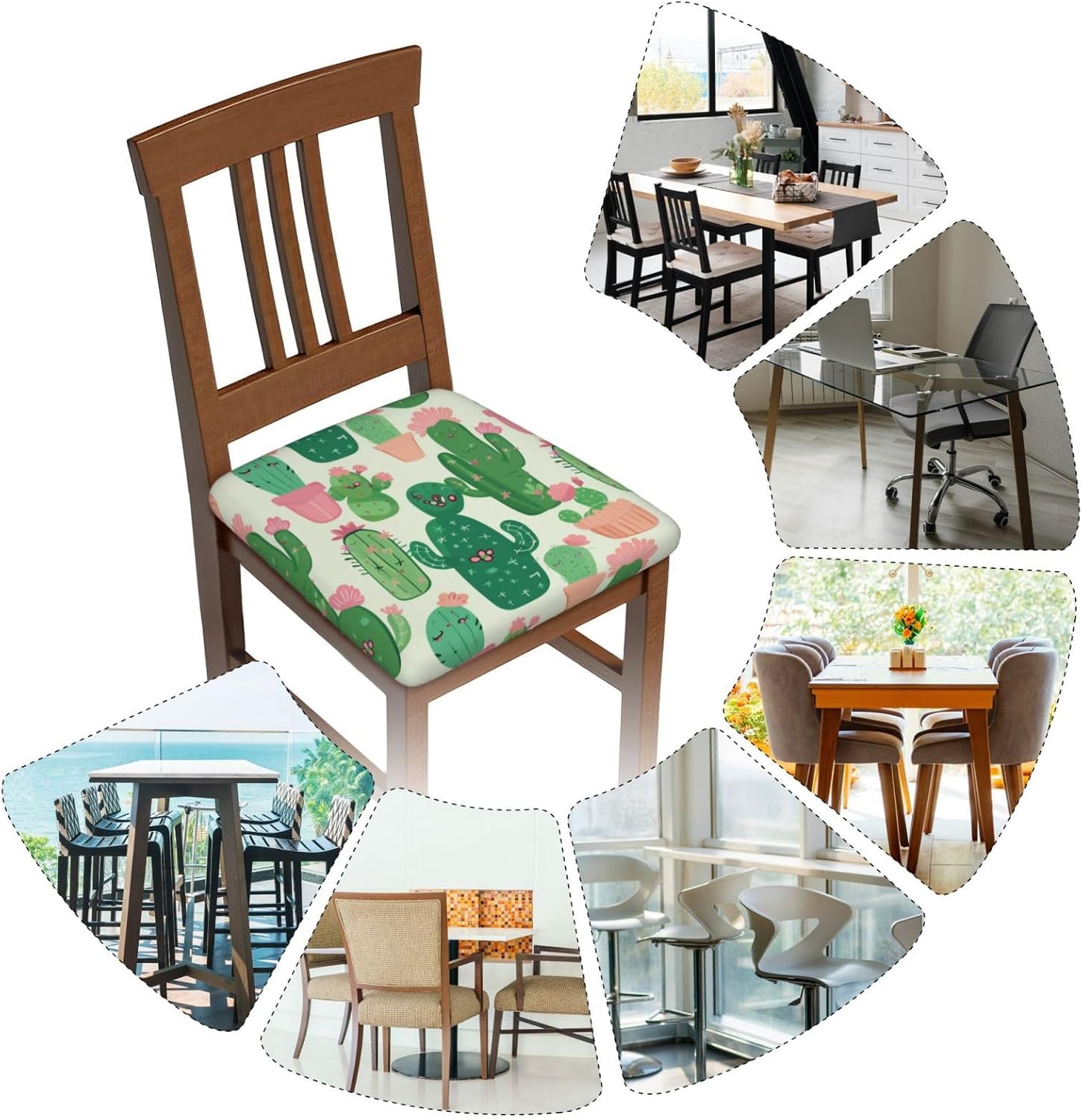 Cute Cactu Seamless Illustration Print Square Cushion Covers 6 Pcs Set Elastic Non-Slip Seat Cushion Slipcovers Pet Furniture Protectors for Chair, Sofa