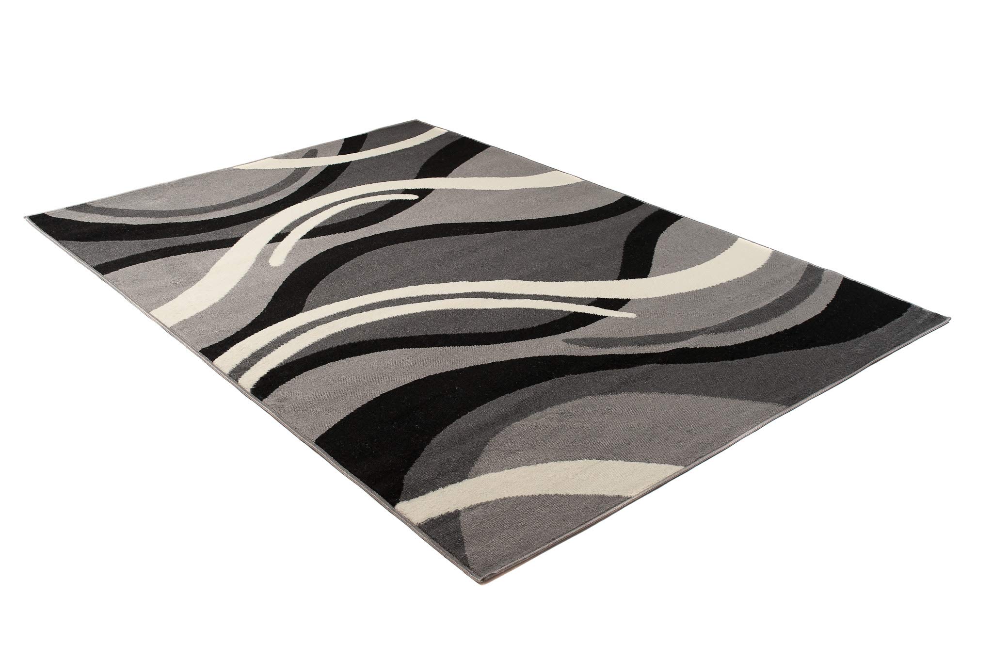 TAPISO Dream Tapis de Salon Chambre Salle à Manger Adulte Bureau Design Moderne Noir Gris Blanc Abstrait Motif Ondes Vagues Poil Court Fin Doux Léger Résistant 140 x 200 cm